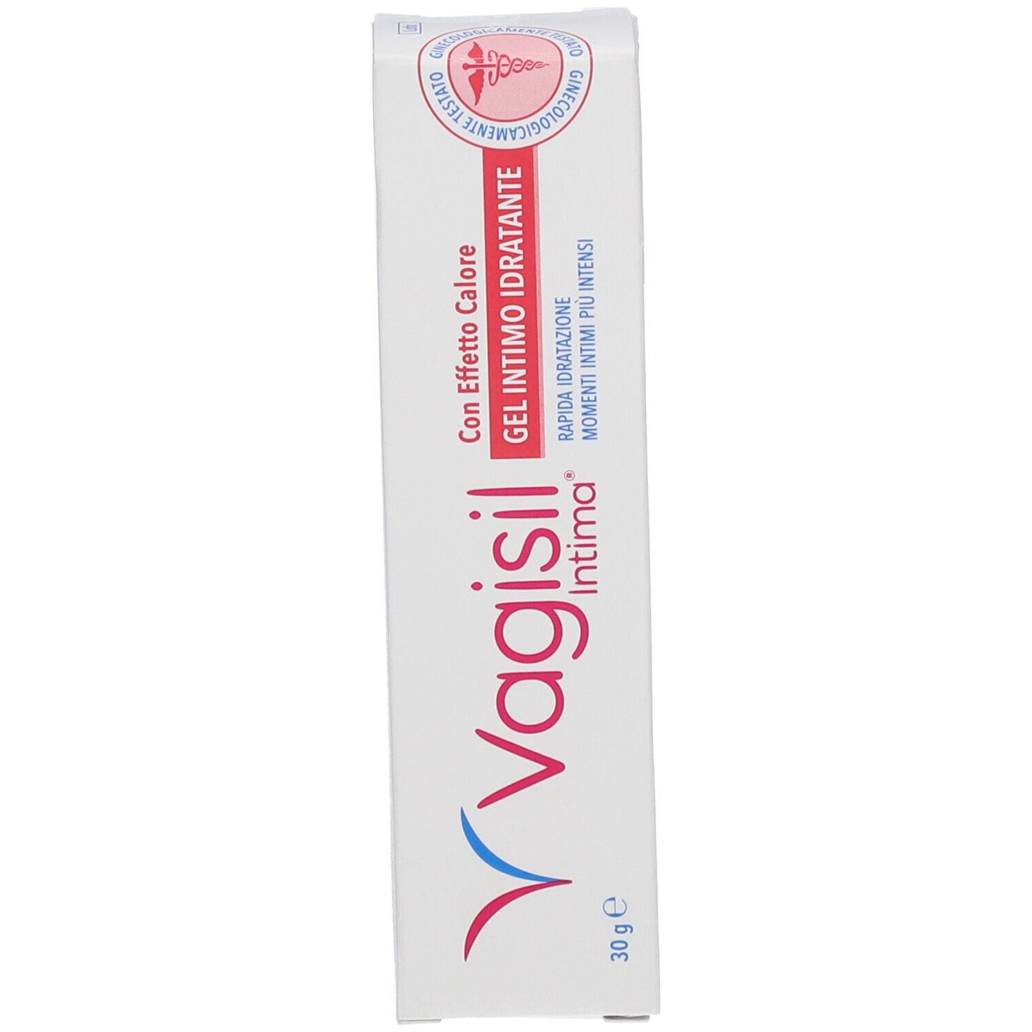 Scatola bianca con logo Vagisil Intima e nome del prodotto. Testo: Gel Intimo Idratante Con Effetto Calore. 30g.