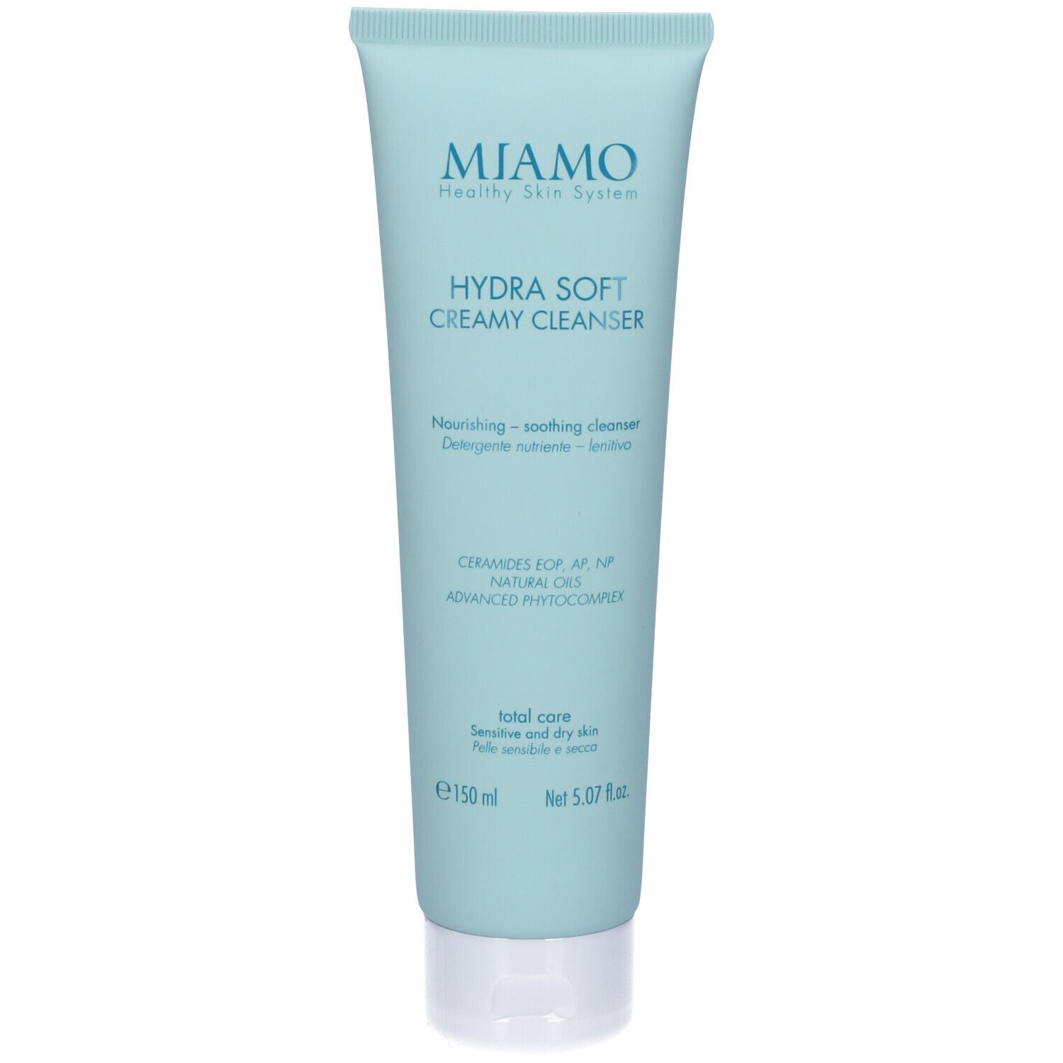 Tubo azzurro con logo e testo. "Miamo". "Hydra Soft Creamy Cleanser". Testo: "Sensitive and dry skin".