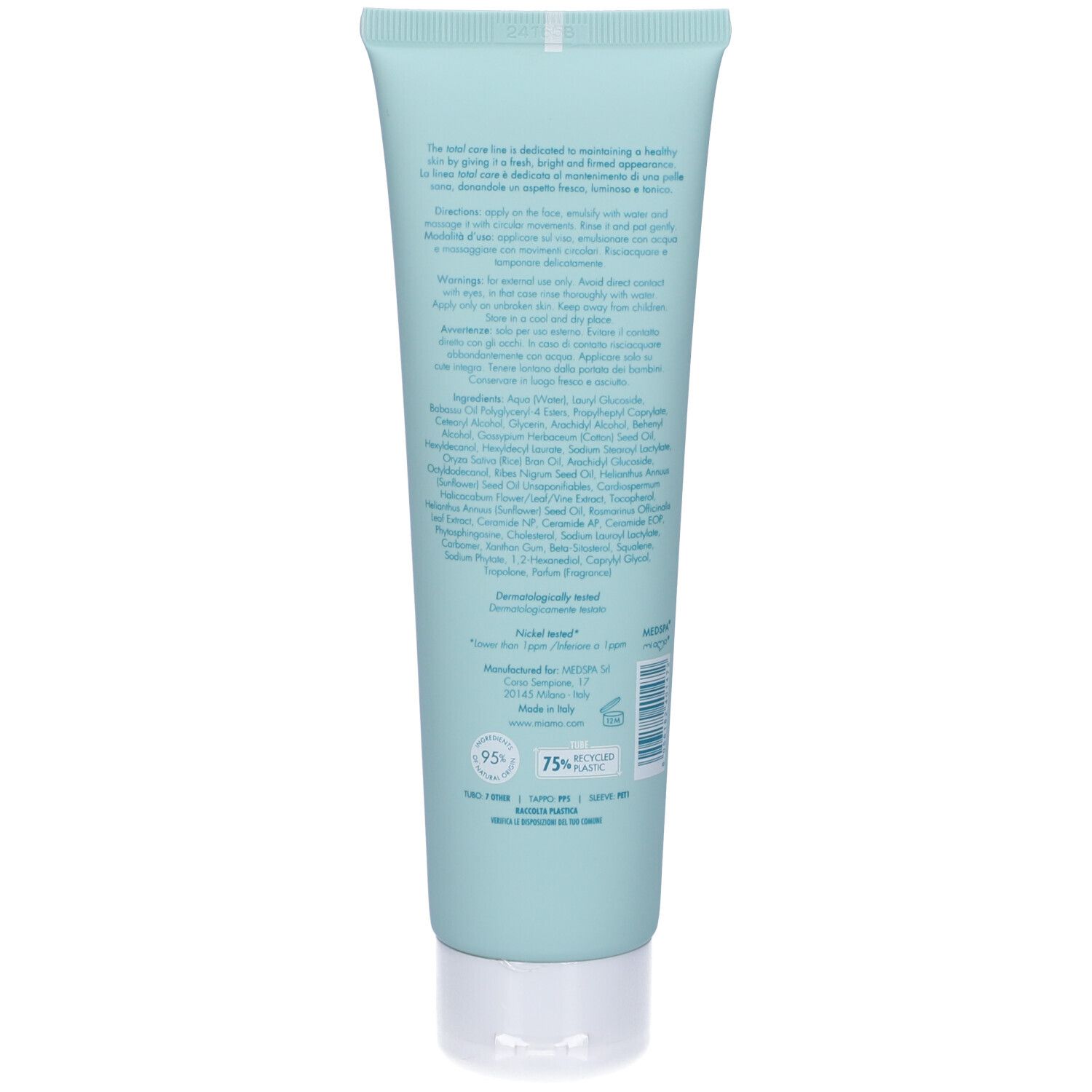 Retro di un tubo azzurro. Testo multilingue. Ingredienti e informazioni del produttore.