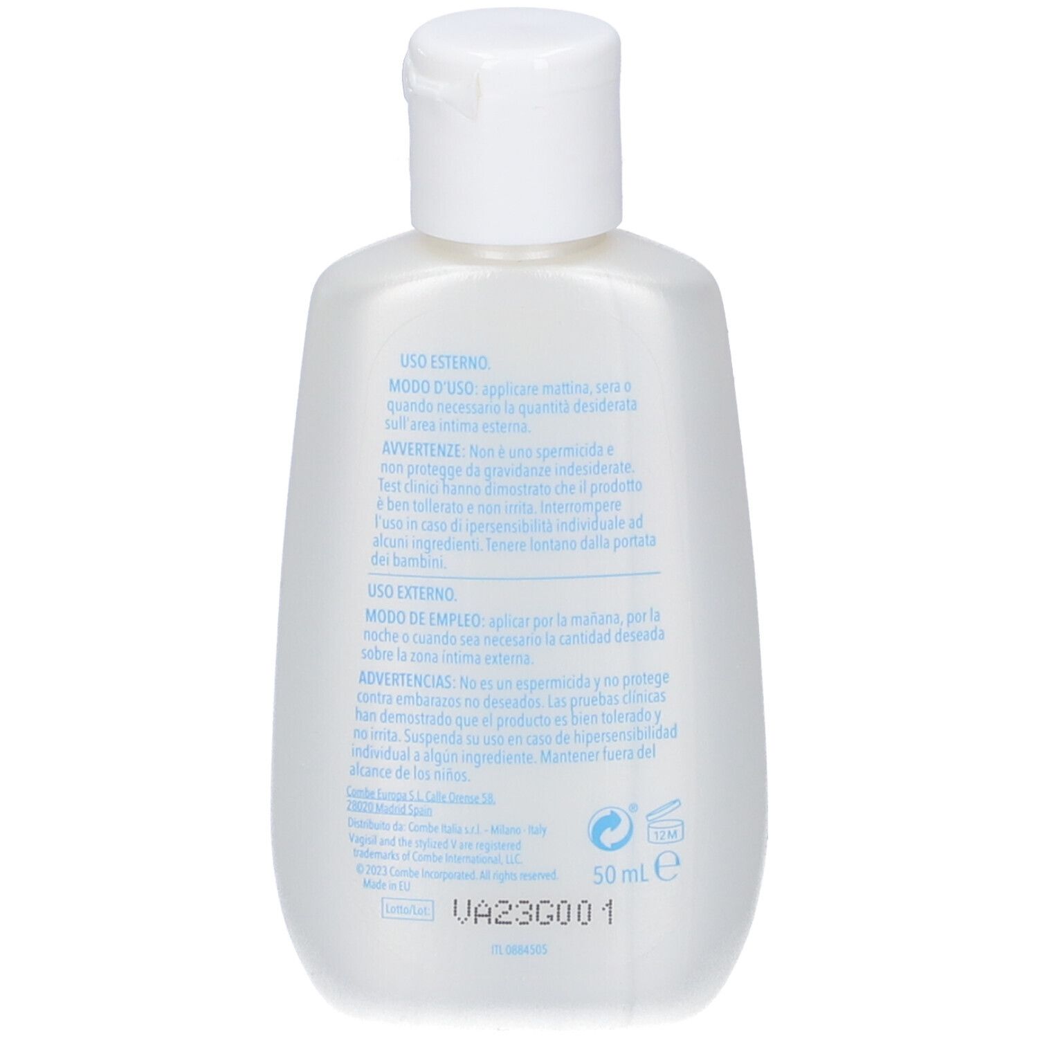 Rückseite der Flasche Vagisil Intima. Text mit Anweisungen und Inhaltsangaben. Volumen: 50 ml.
