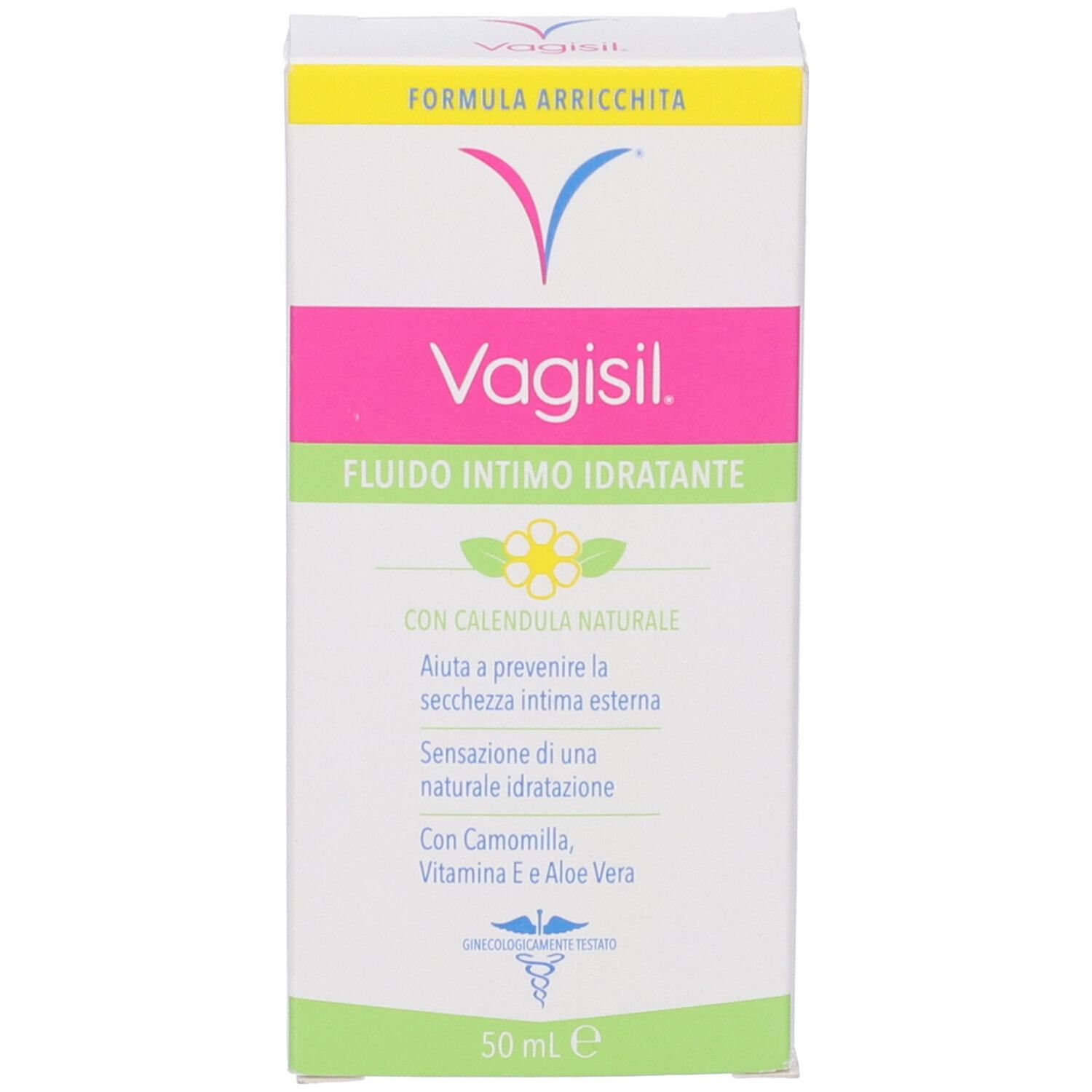 Karton Vagisil Intima. Aufschrift: Fluido Intimo Idratante. Mit Logo und Inhaltsangaben. Volumen: 50 ml.