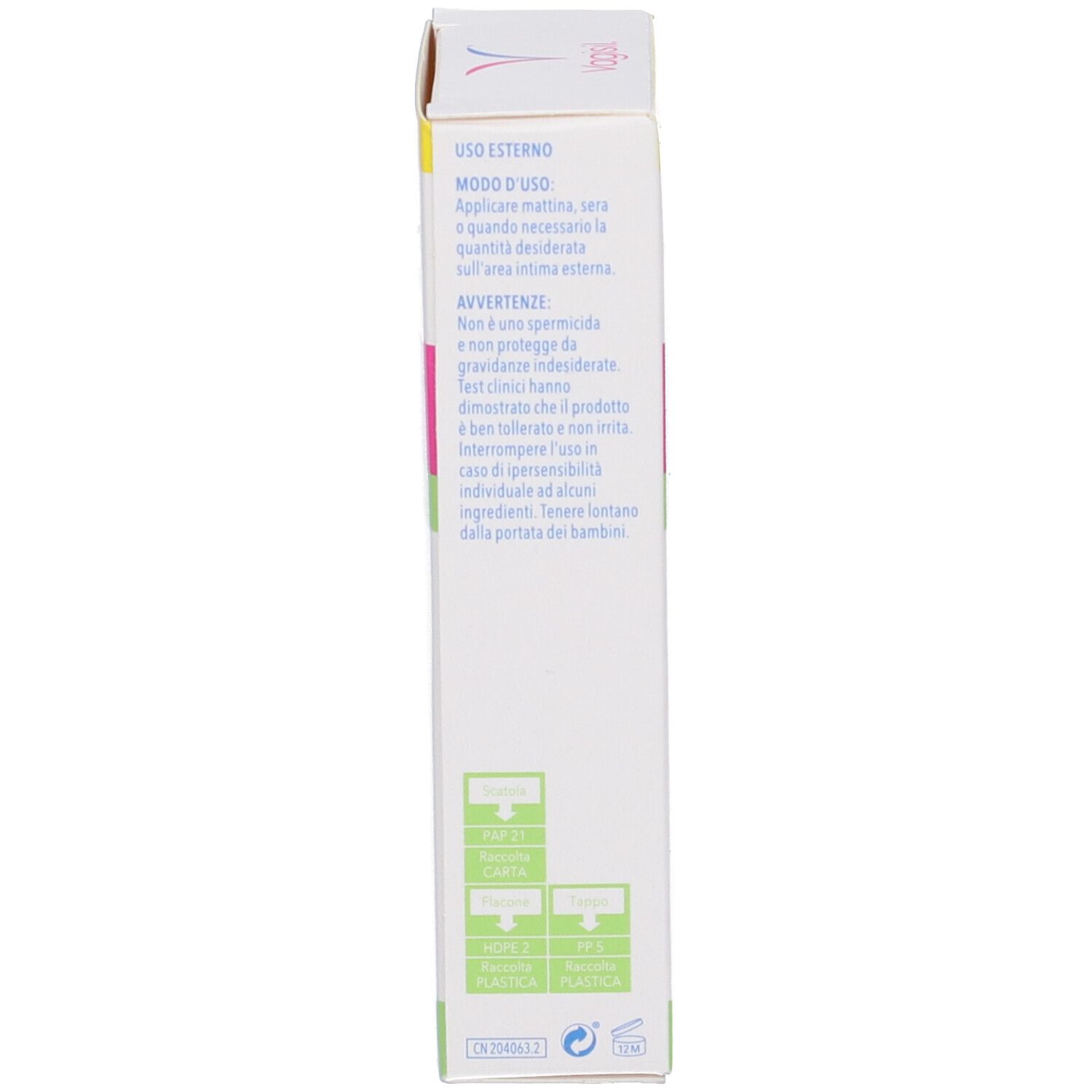 Seite der Kartonverpackung. Text mit Anweisungen und Inhaltsangaben. Mit Logo und Recycling-Symbolen.