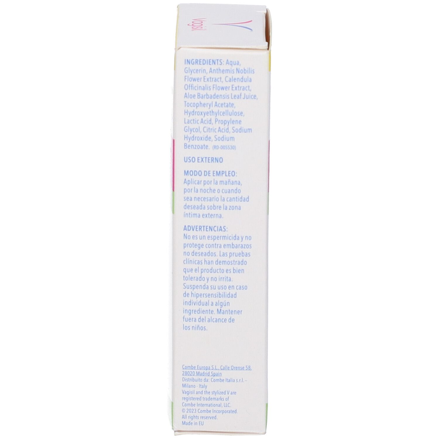 Seite der Kartonverpackung. Text mit Inhaltsangaben und Anwendungshinweisen. Mit Logo und Recycling-Symbolen.