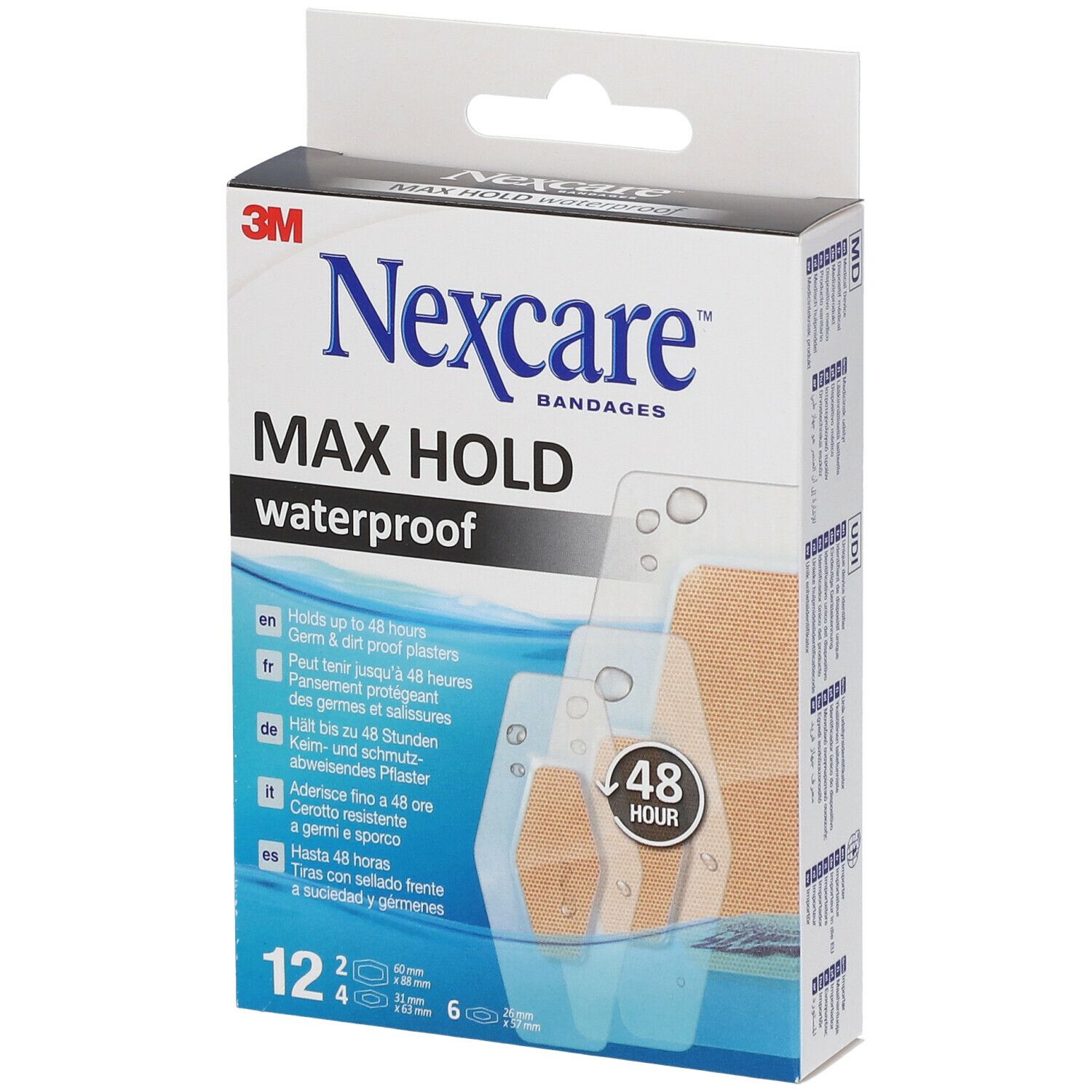 Confezione di cerotti Nexcare Max Hold waterproof. Contiene 12 cerotti di diverse dimensioni. Logo 3M e nome del prodotto ben visibili.