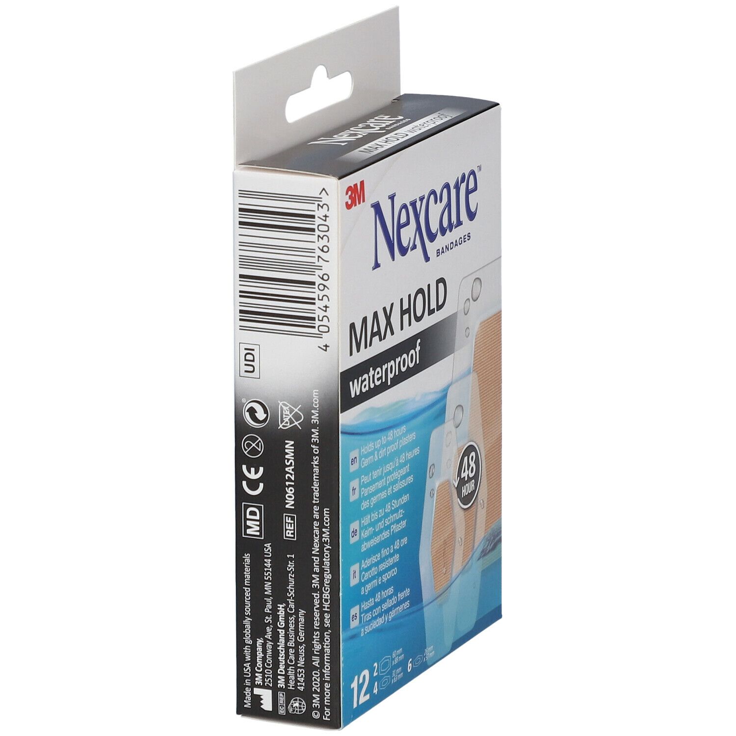 Vista laterale della confezione di cerotti Nexcare Max Hold. Codice a barre, nome del prodotto e logo 3M visibili. Contiene 12 cerotti.