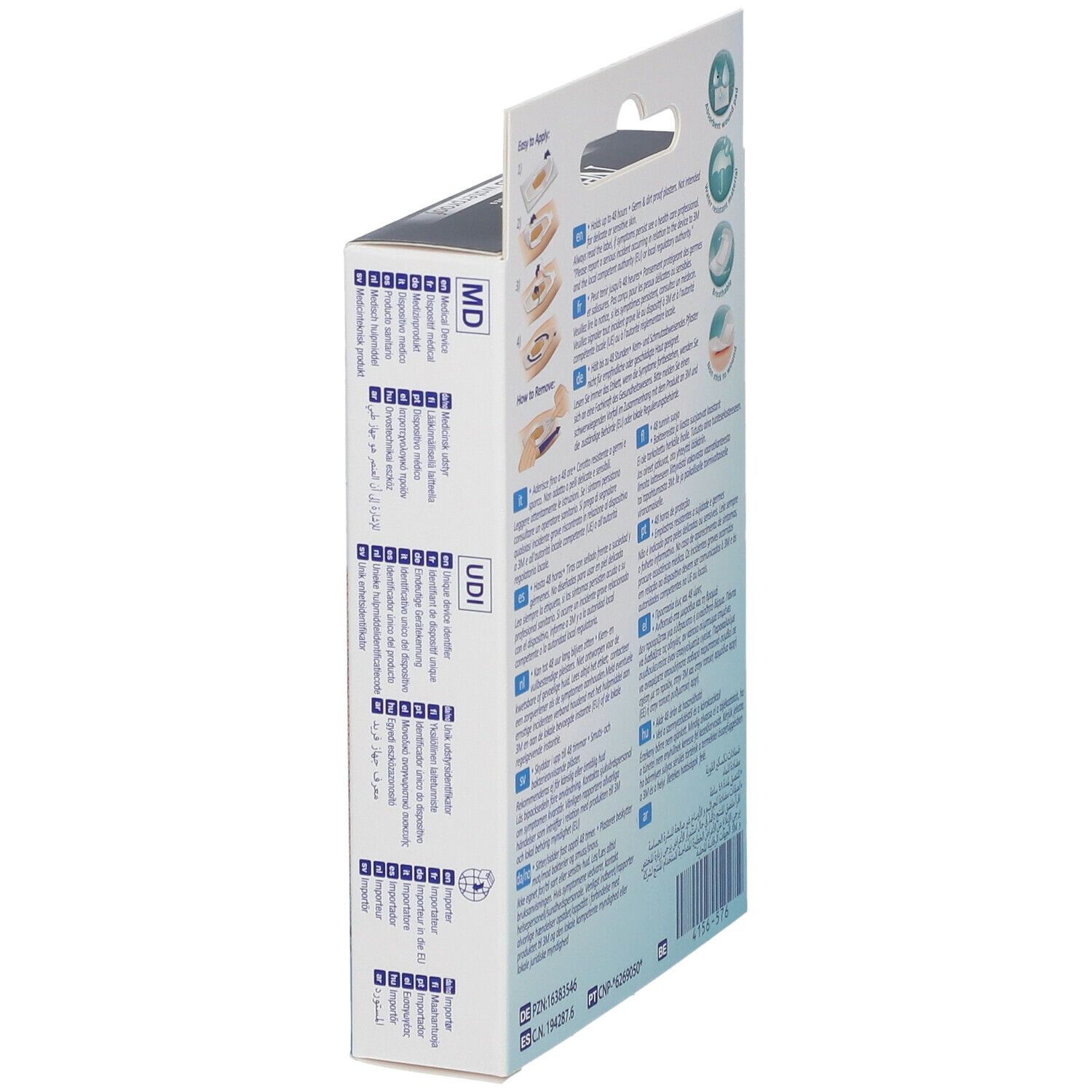 Vista laterale della confezione di cerotti Nexcare Max Hold. Istruzioni e informazioni sul prodotto in più lingue. Marchio UDI.