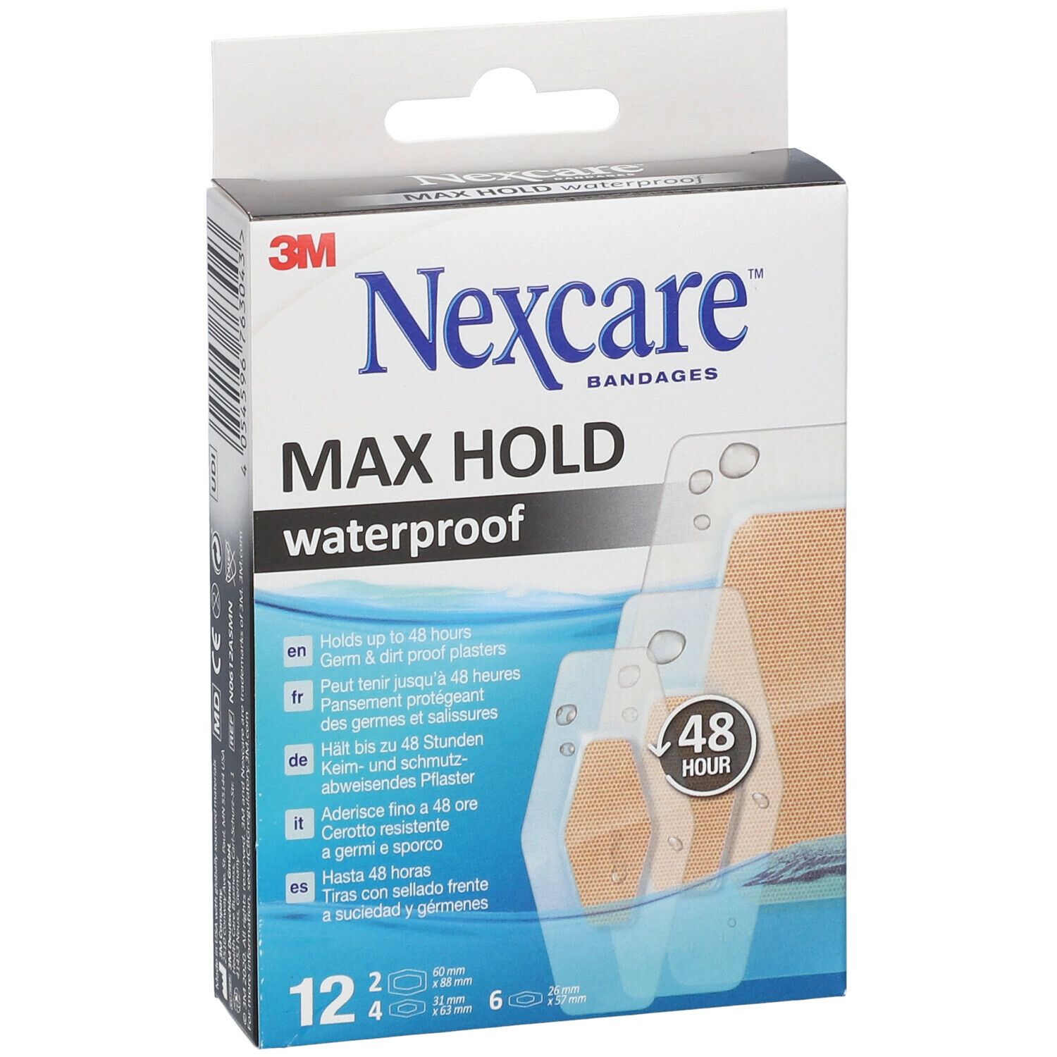 Vista frontale della confezione di cerotti Nexcare Max Hold waterproof. 12 cerotti, diverse dimensioni. Logo 3M e nome del prodotto.