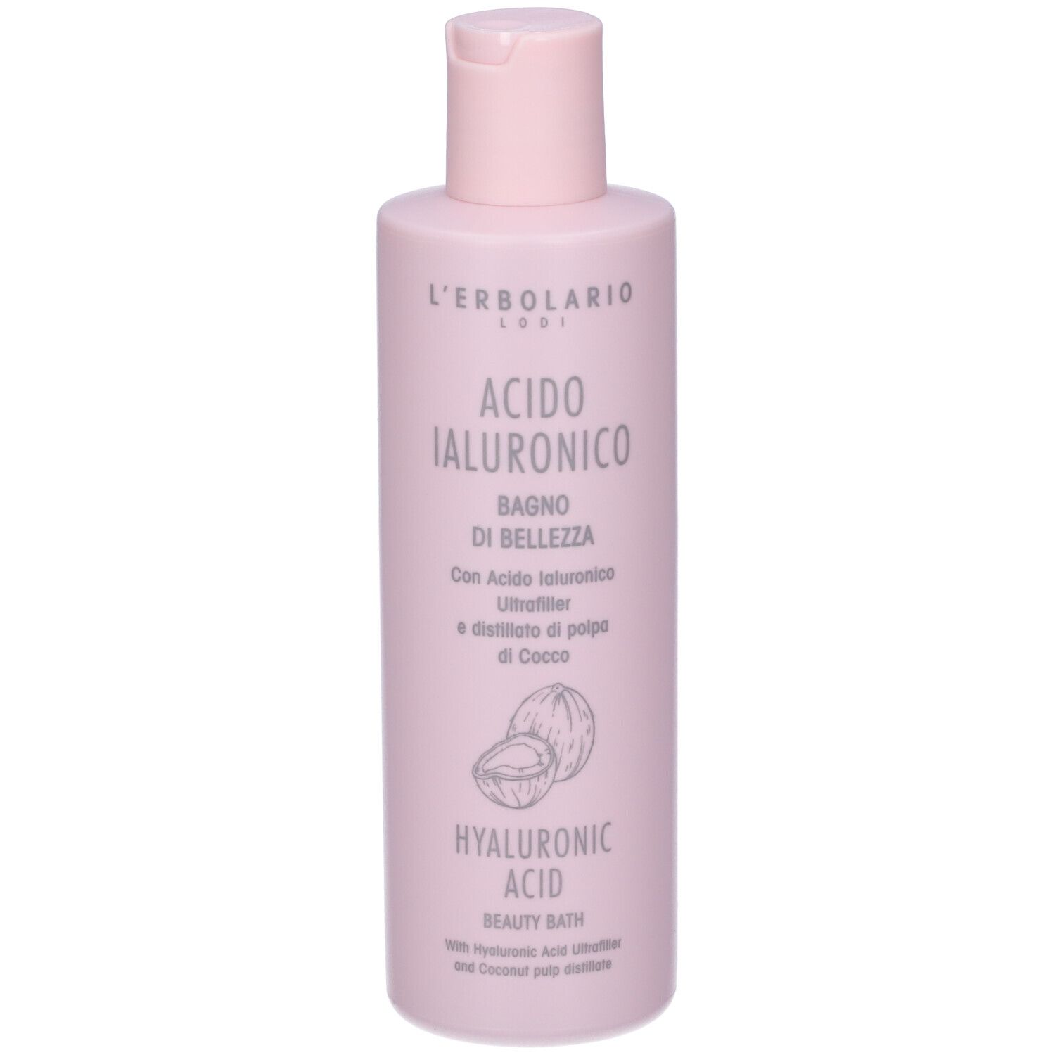 Flacone rosa con etichetta. Testo: Acido Ialuronico, Bagno di Bellezza, Hyaluronic Acid Beauty Bath.
