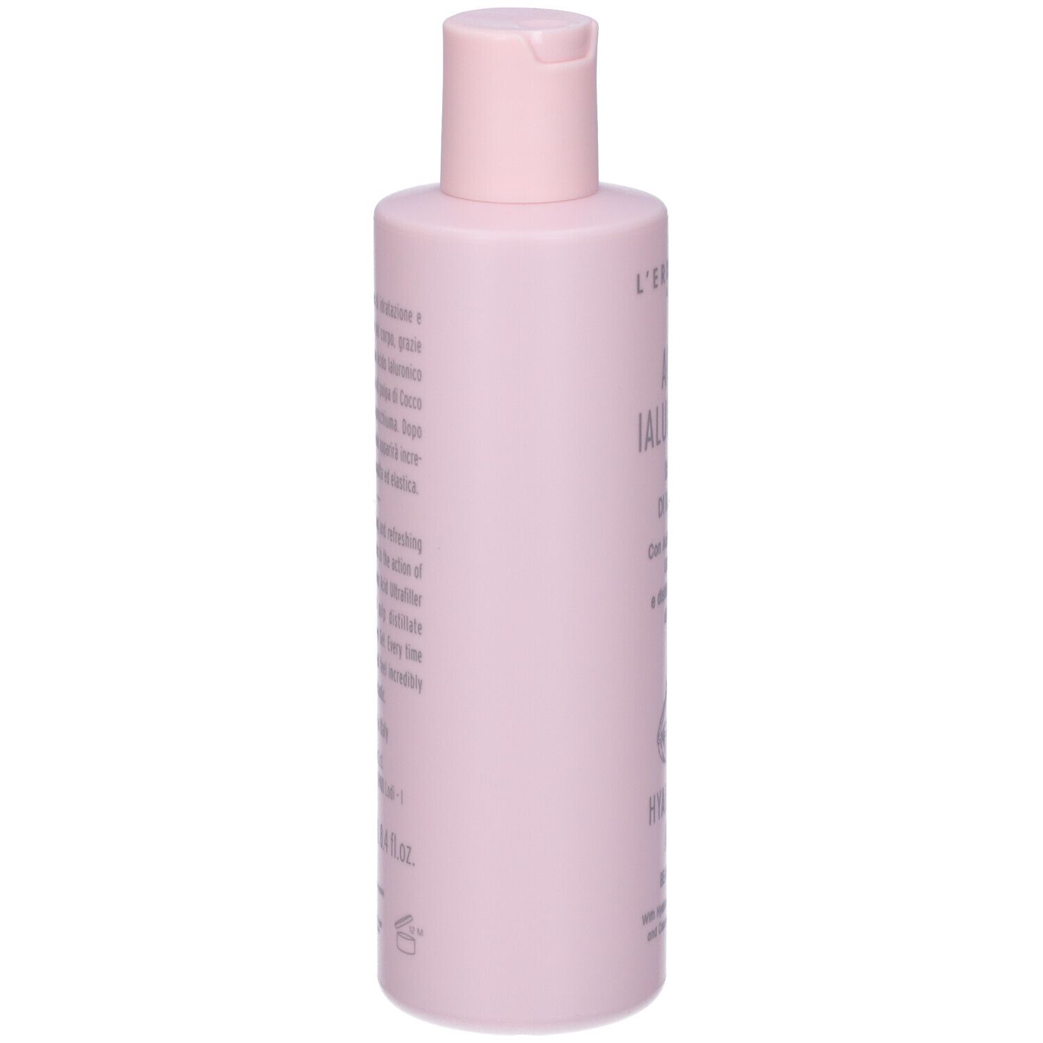 Flacone rosa con etichetta. Retro con testo. Logo L'Erbolario.