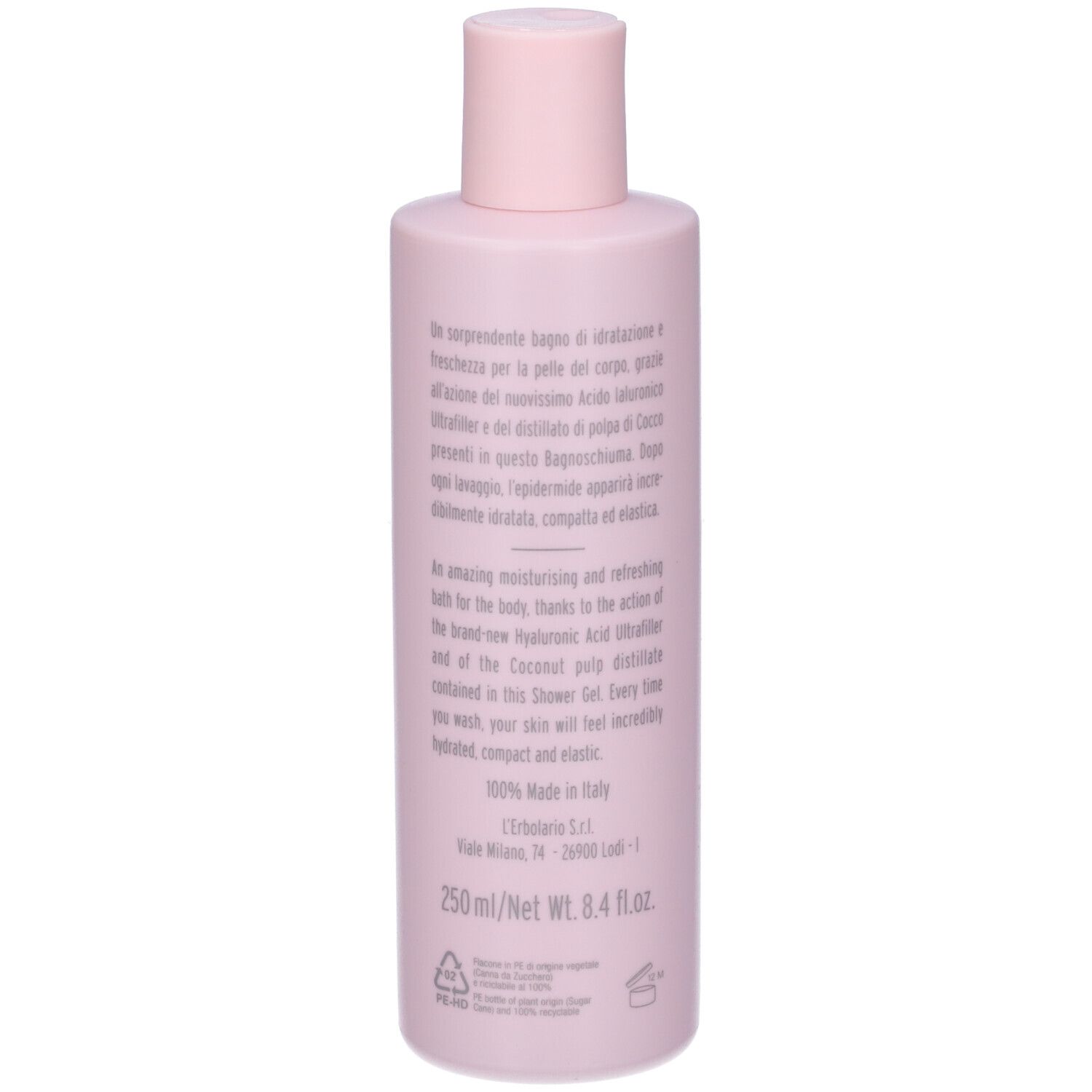 Flacone rosa con testo. Testo: 250ml/Net Wt. 8.4 fl.oz. 100% Made in Italy. L'Erbolario.