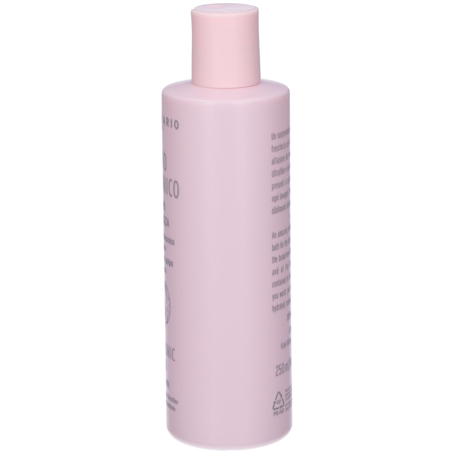 Flacone rosa con etichetta. Logo L'Erbolario. Testo.