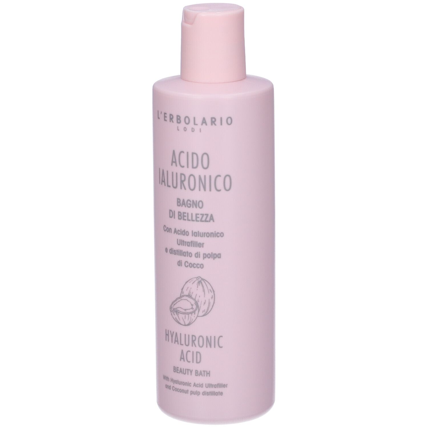 Flacone rosa con etichetta. Testo: Acido Ialuronico, Bagno di Bellezza, Hyaluronic Acid Beauty Bath.