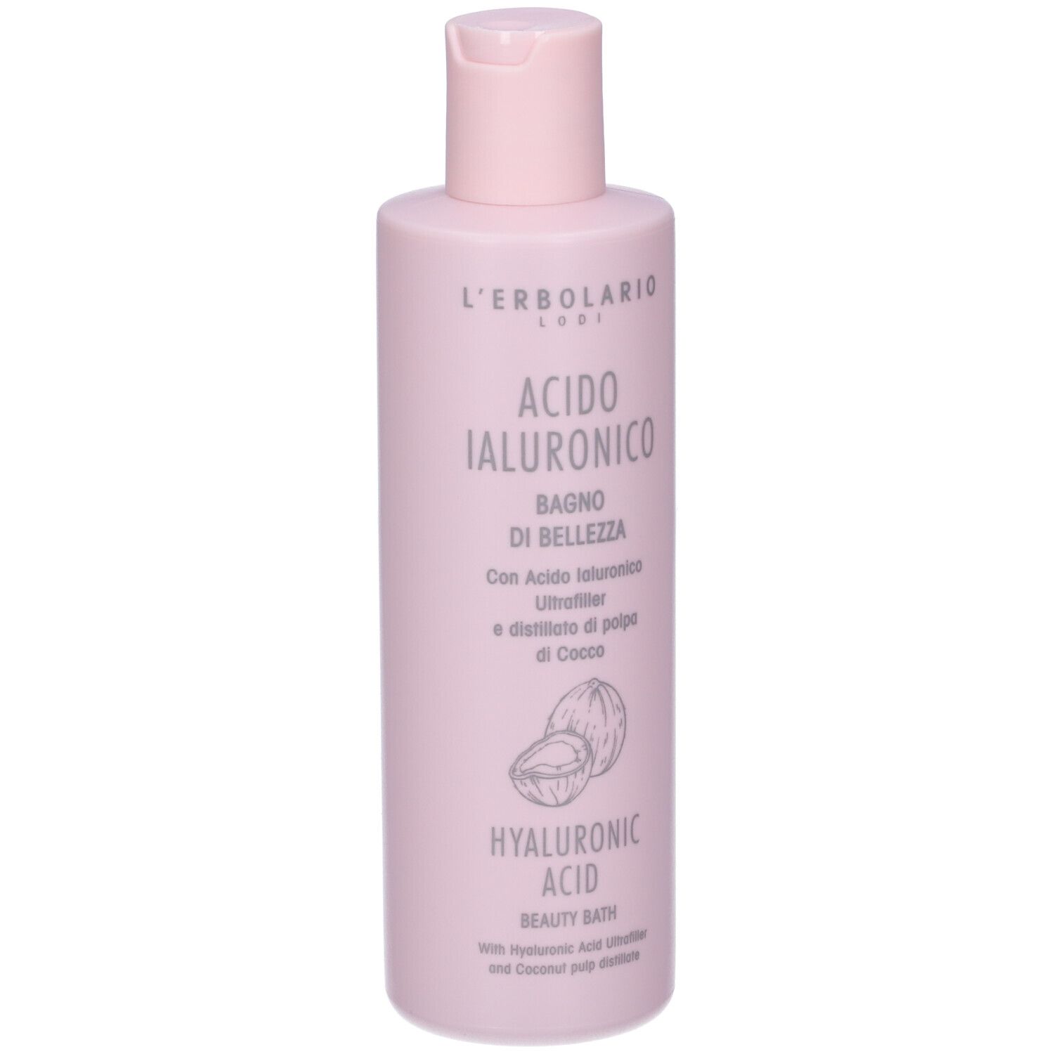 Flacone rosa con etichetta. Testo: Acido Ialuronico, Bagno di Bellezza, Hyaluronic Acid Beauty Bath.