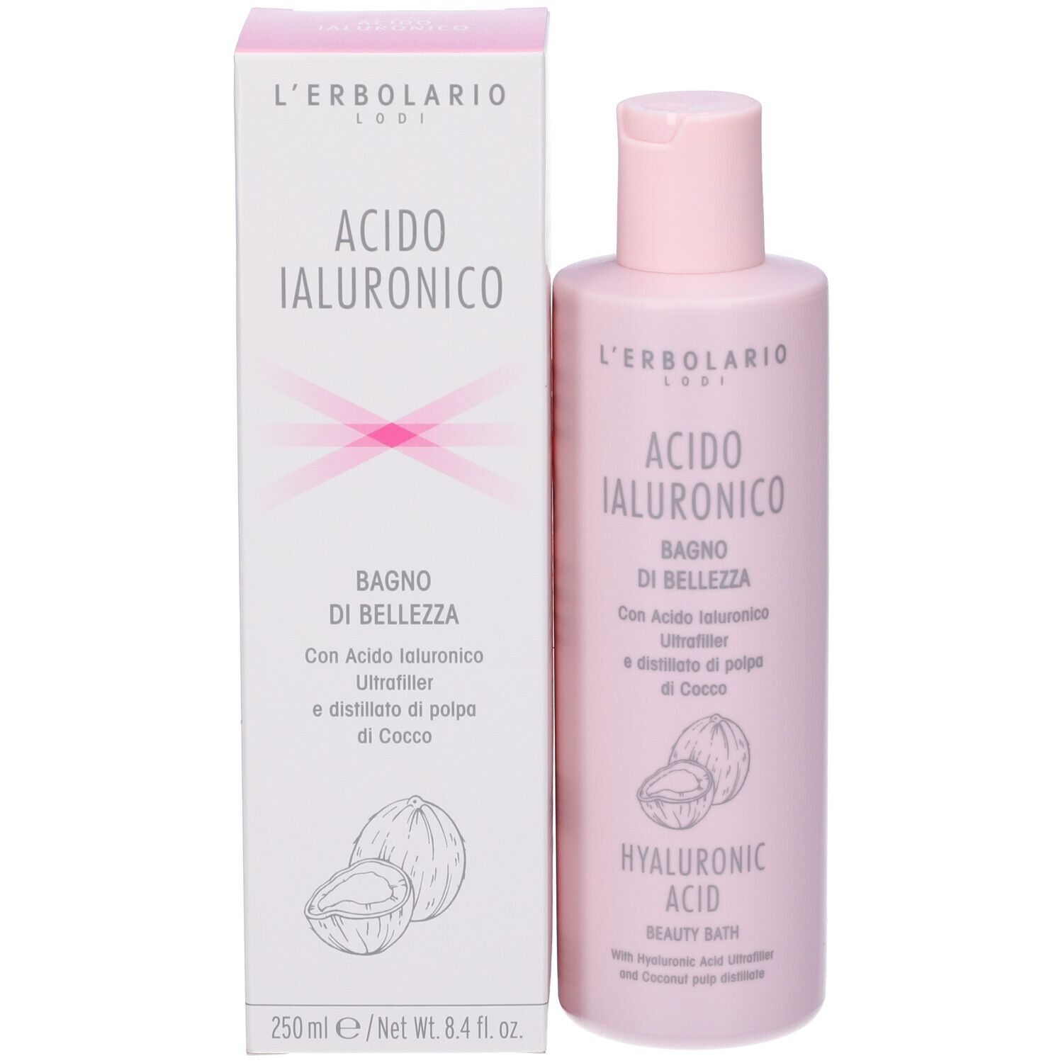 Flacone e confezione del prodotto. Testo: Acido Ialuronico, Bagno di Bellezza, Hyaluronic Acid Beauty Bath. 250 ml.