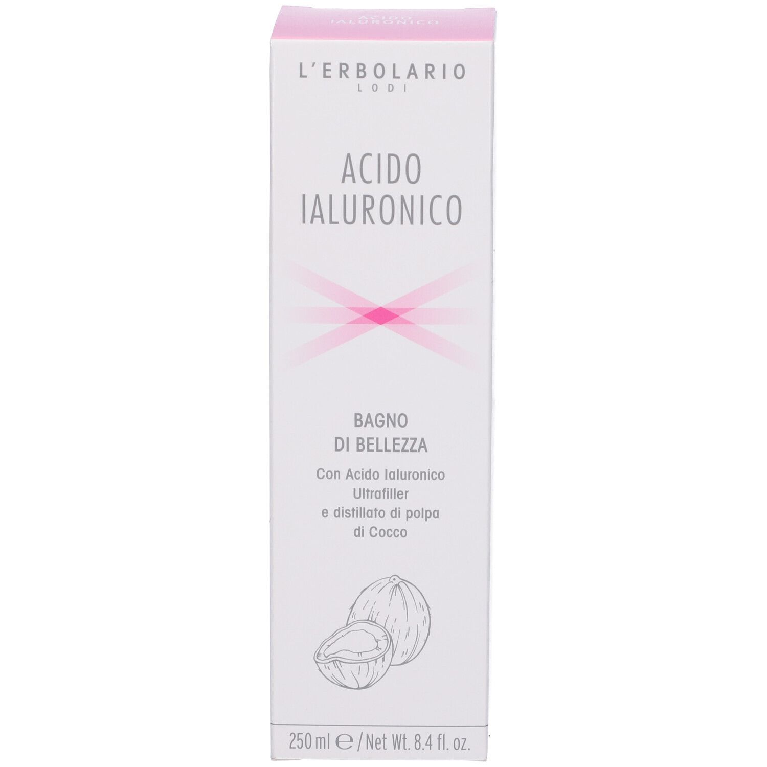 Confezione del prodotto. Testo: Acido Ialuronico, Bagno di Bellezza, Hyaluronic Acid Beauty Bath. 250 ml.