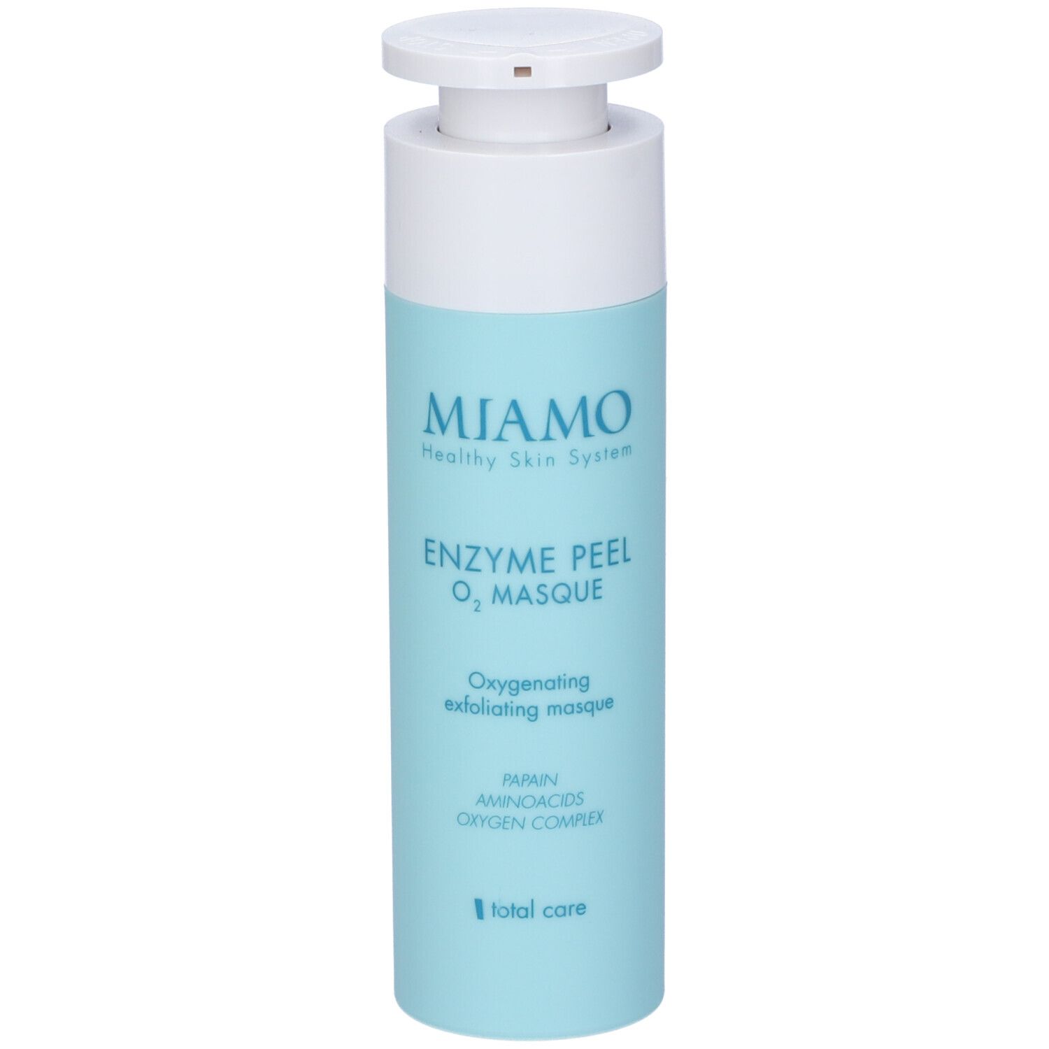 Flacone cilindrico con erogatore bianco. Superficie azzurra con nome e logo del prodotto. Testo: Enzyme Peel O2 Masque.