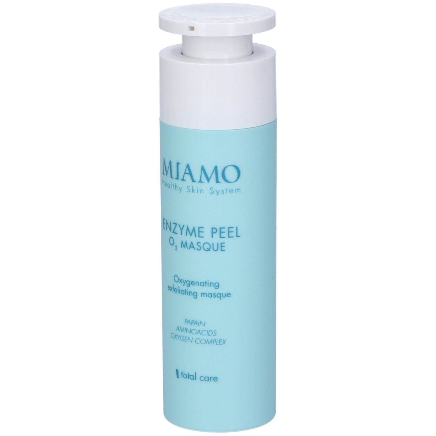 Flacone cilindrico con erogatore bianco. Superficie azzurra con nome e logo del prodotto. Testo: Enzyme Peel O2 Masque.