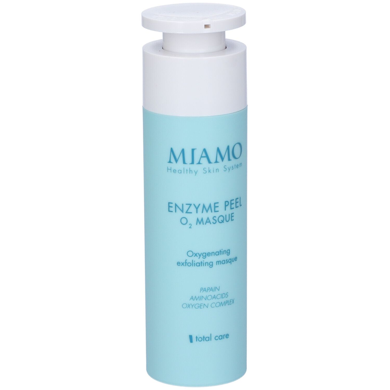Flacone cilindrico con erogatore bianco. Superficie azzurra con nome e logo del prodotto. Testo: Enzyme Peel O2 Masque.