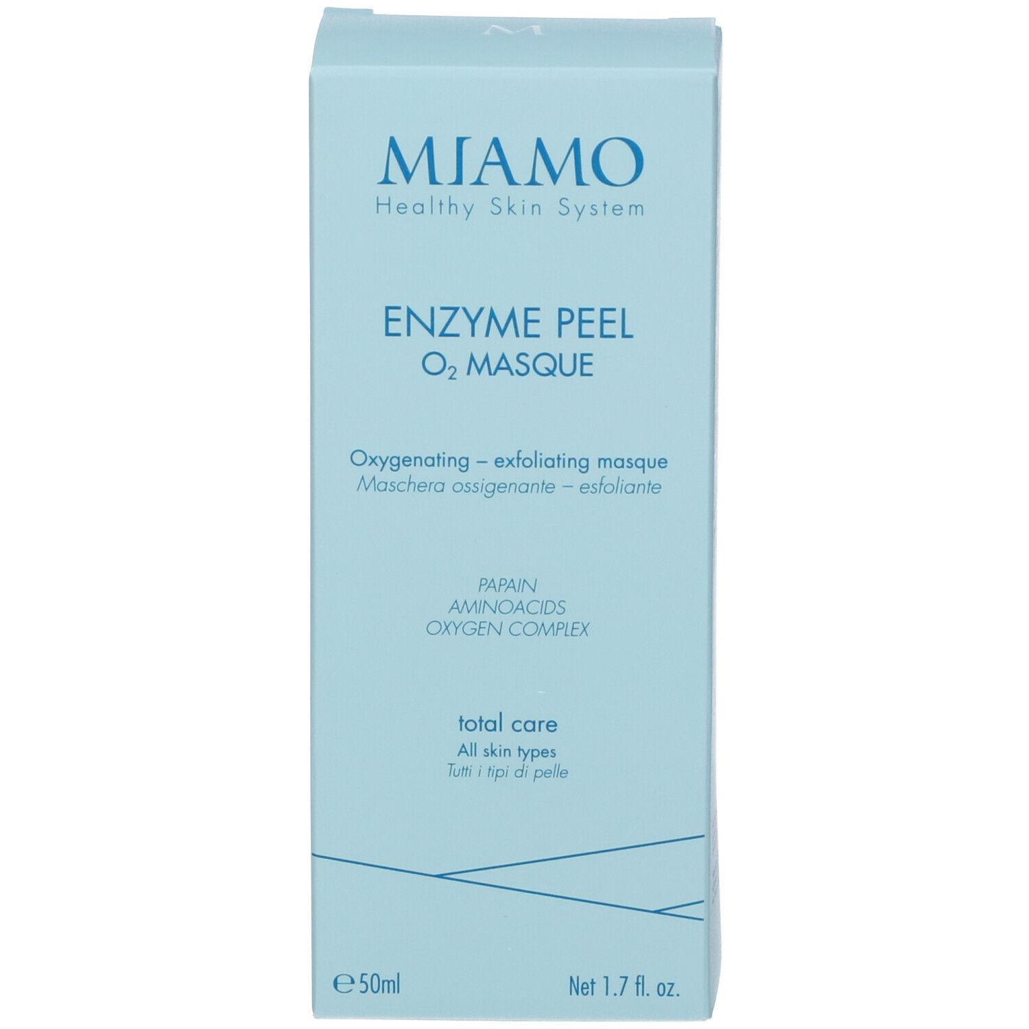 Confezione azzurra con nome e logo del prodotto. Testo: Enzyme Peel O2 Masque. Marchio: Miamo.
