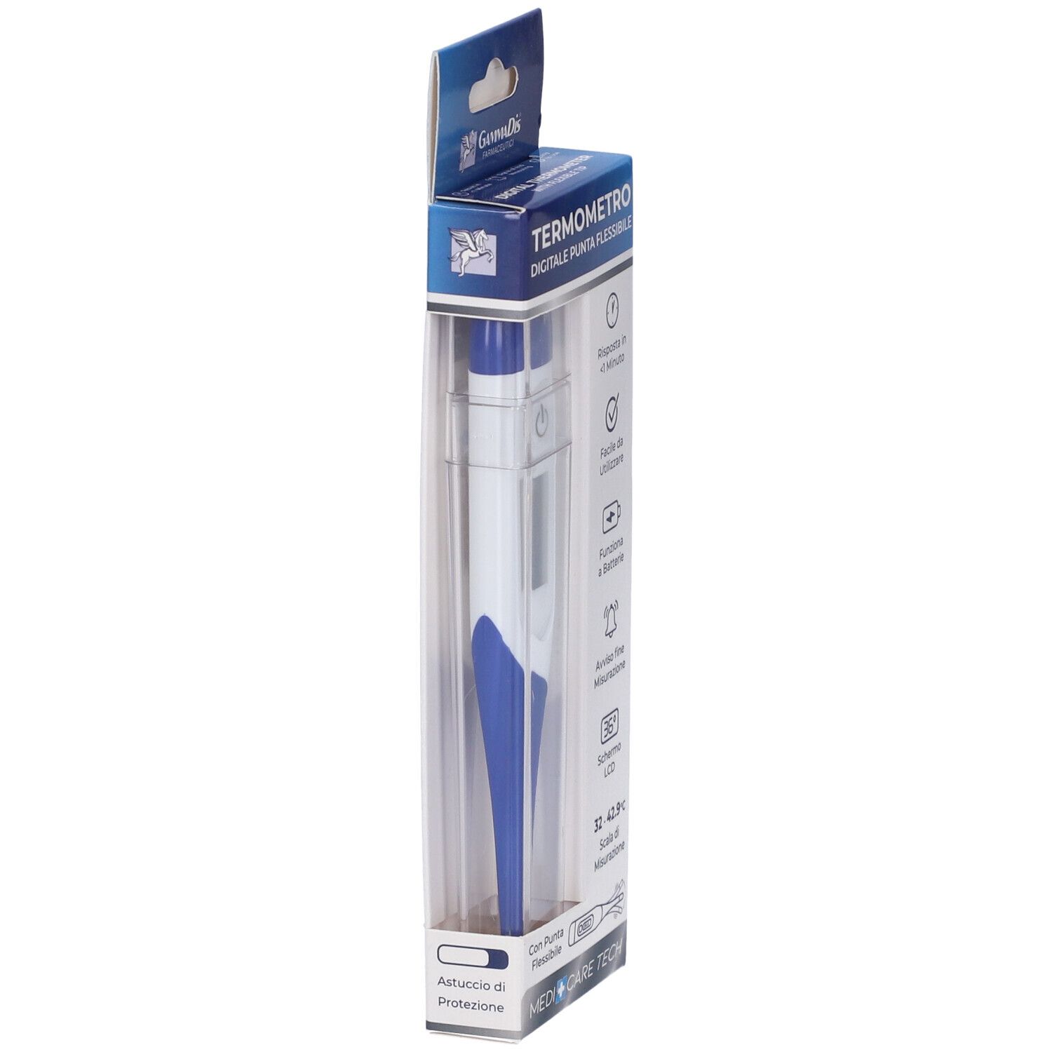 Digitales Thermometer in weißer und blauer Verpackung mit Klarsichtfenster. Anzeige und Tasten sichtbar.