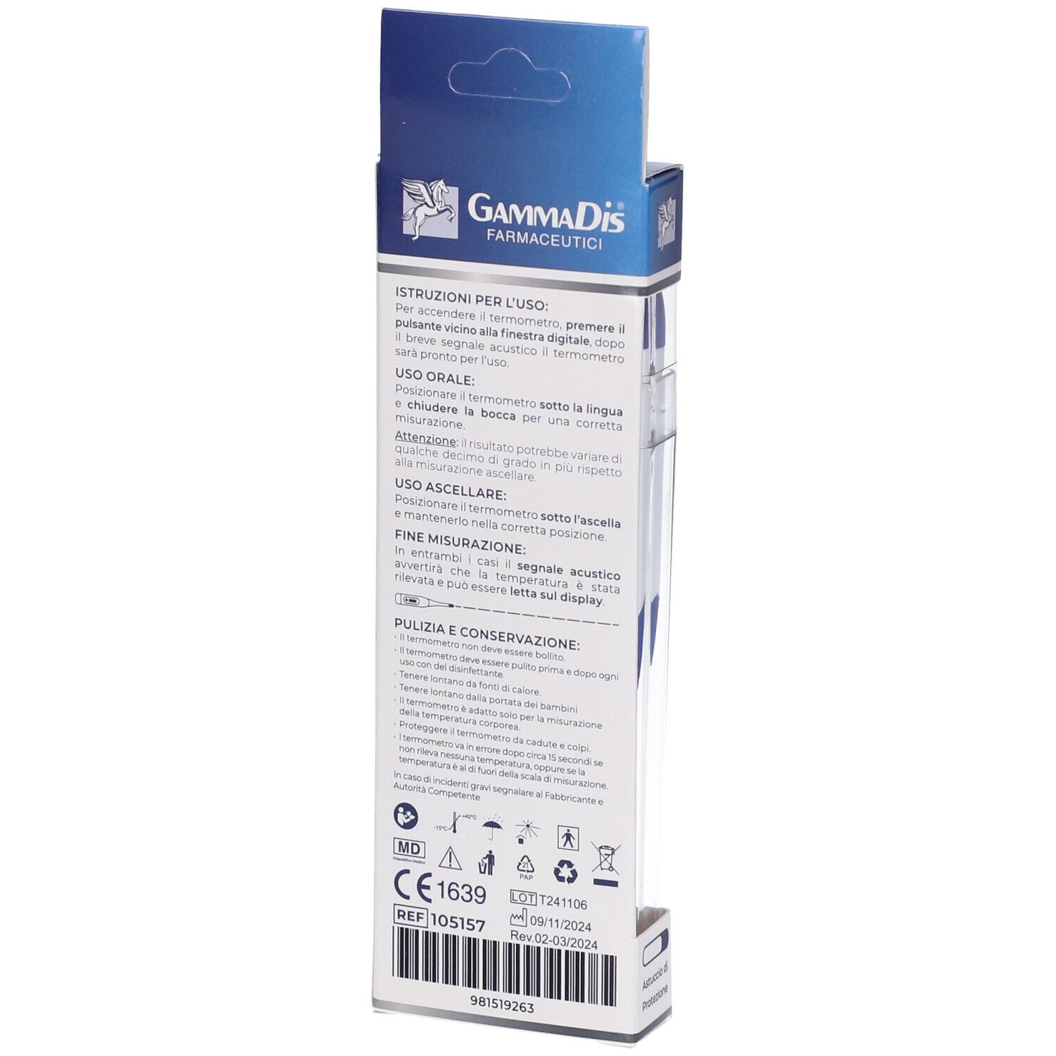 Verpackung eines digitalen Thermometers mit Gebrauchsanweisungen und CE-Kennzeichnung.