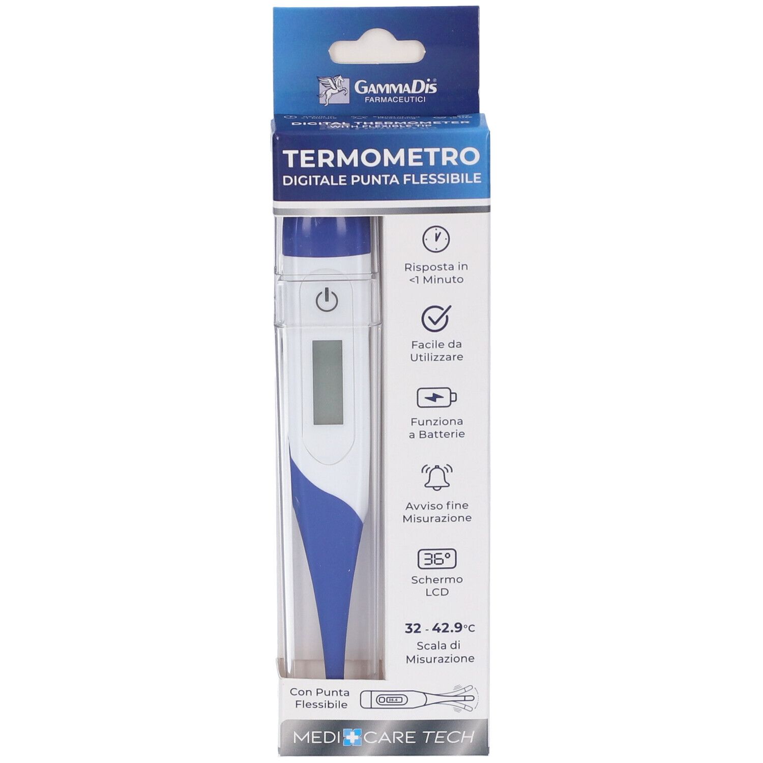 Verpackung eines digitalen Thermometers mit flexibler Spitze. Mit LCD-Anzeige und Messbereich.