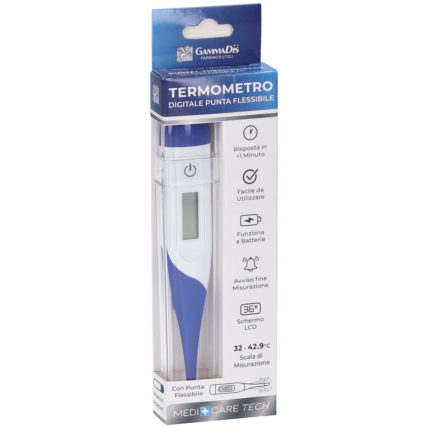 Digitales Thermometer mit blauer Spitze und LCD-Anzeige in einer Verpackung. Hinweise zur Anwendung aufgedruckt.