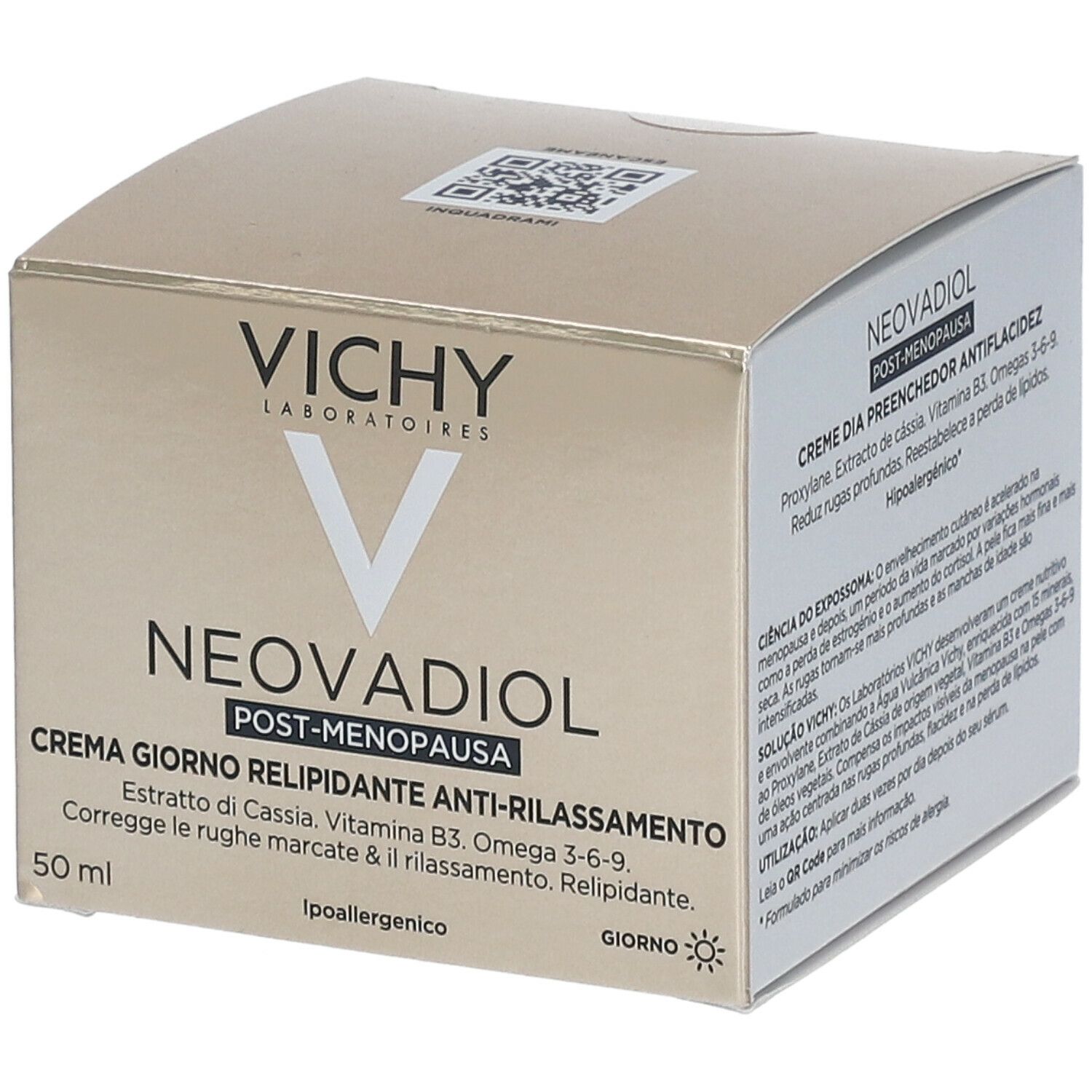 Scatola beige con Vichy Neovadiol. Testo: Crema Giorno Relipidante Anti-Rilassamento. 50 ml.