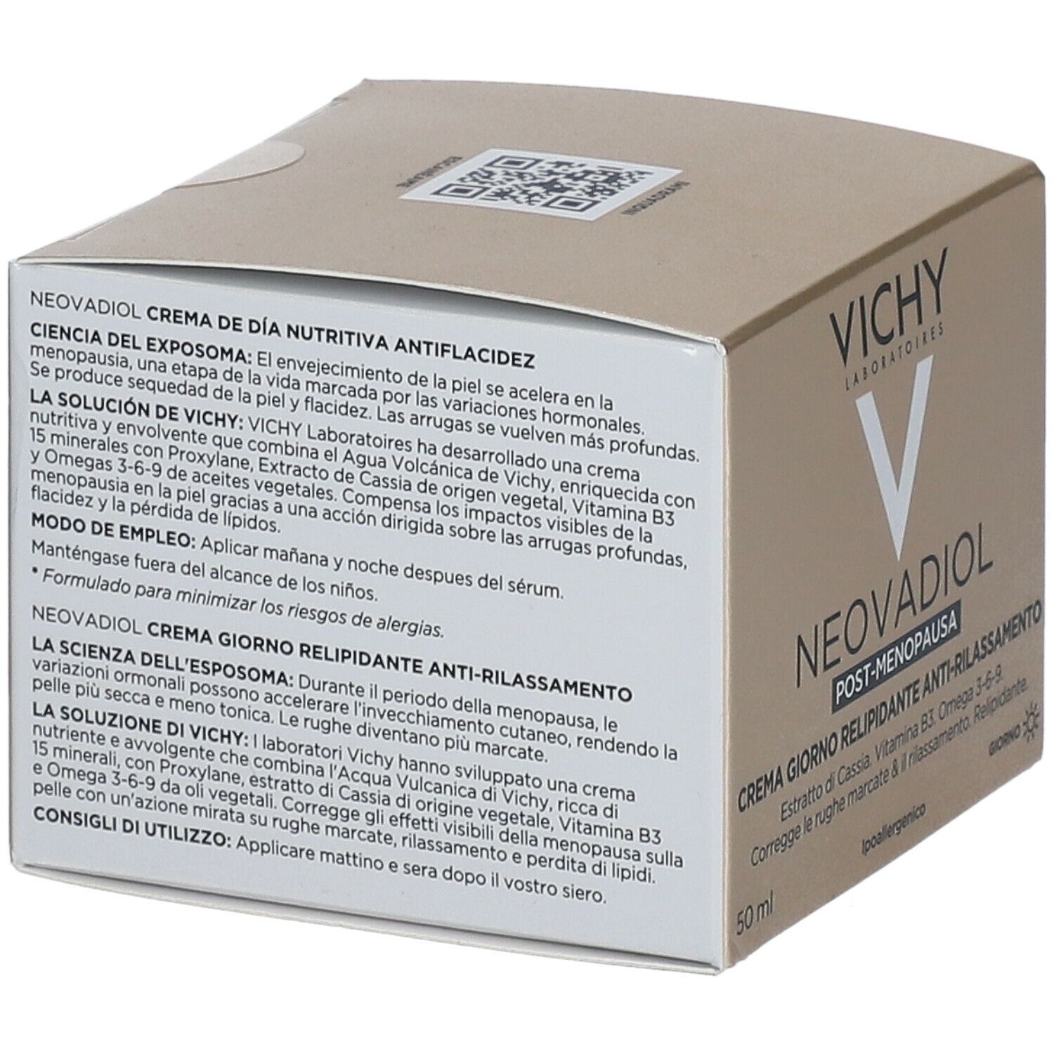 Scatola beige con Vichy Neovadiol. Testo sul retro. Contiene informazioni sul prodotto.
