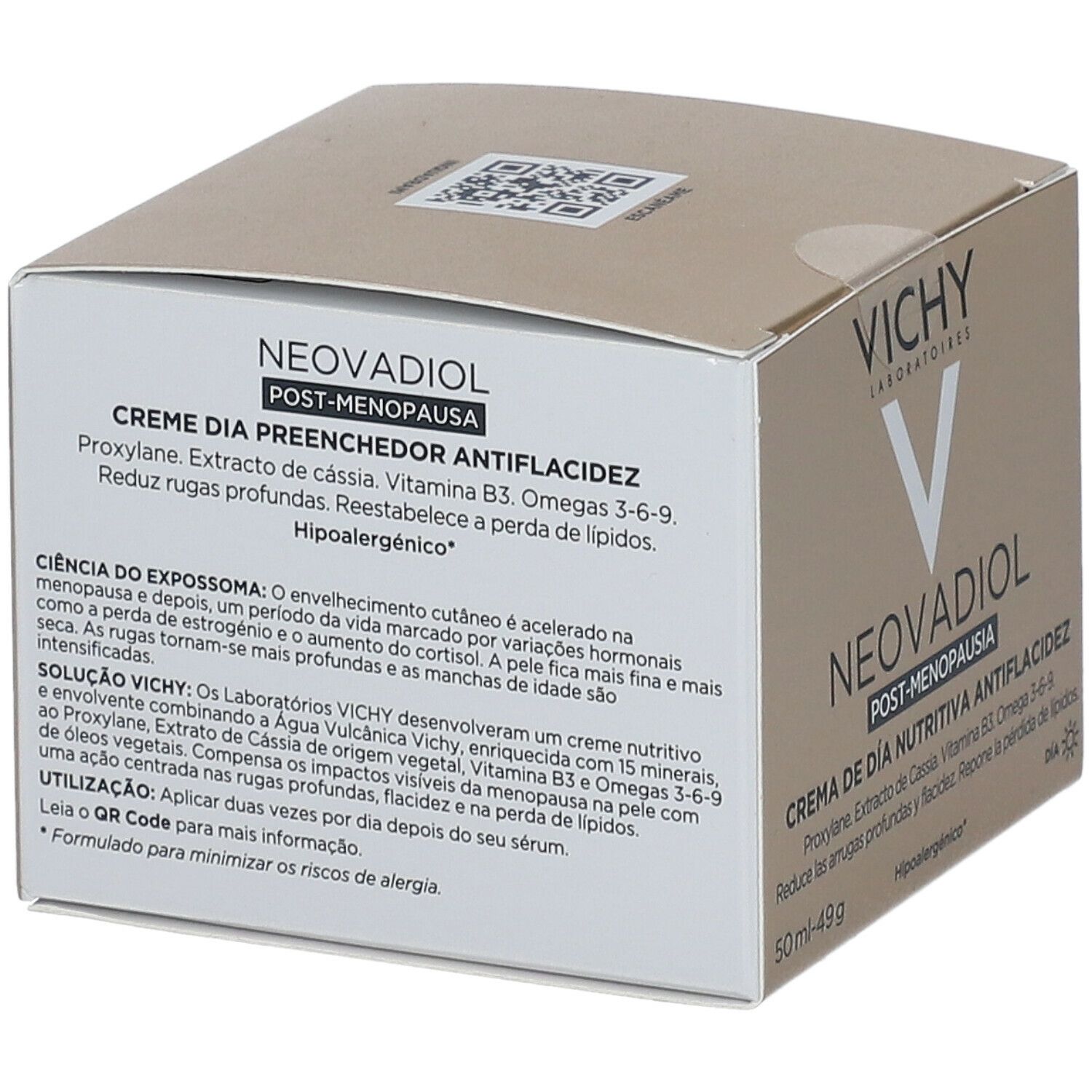 Scatola beige con Vichy Neovadiol. Testo: Crème de Jour Pré-Remplisseur Anti-Flaccidité.