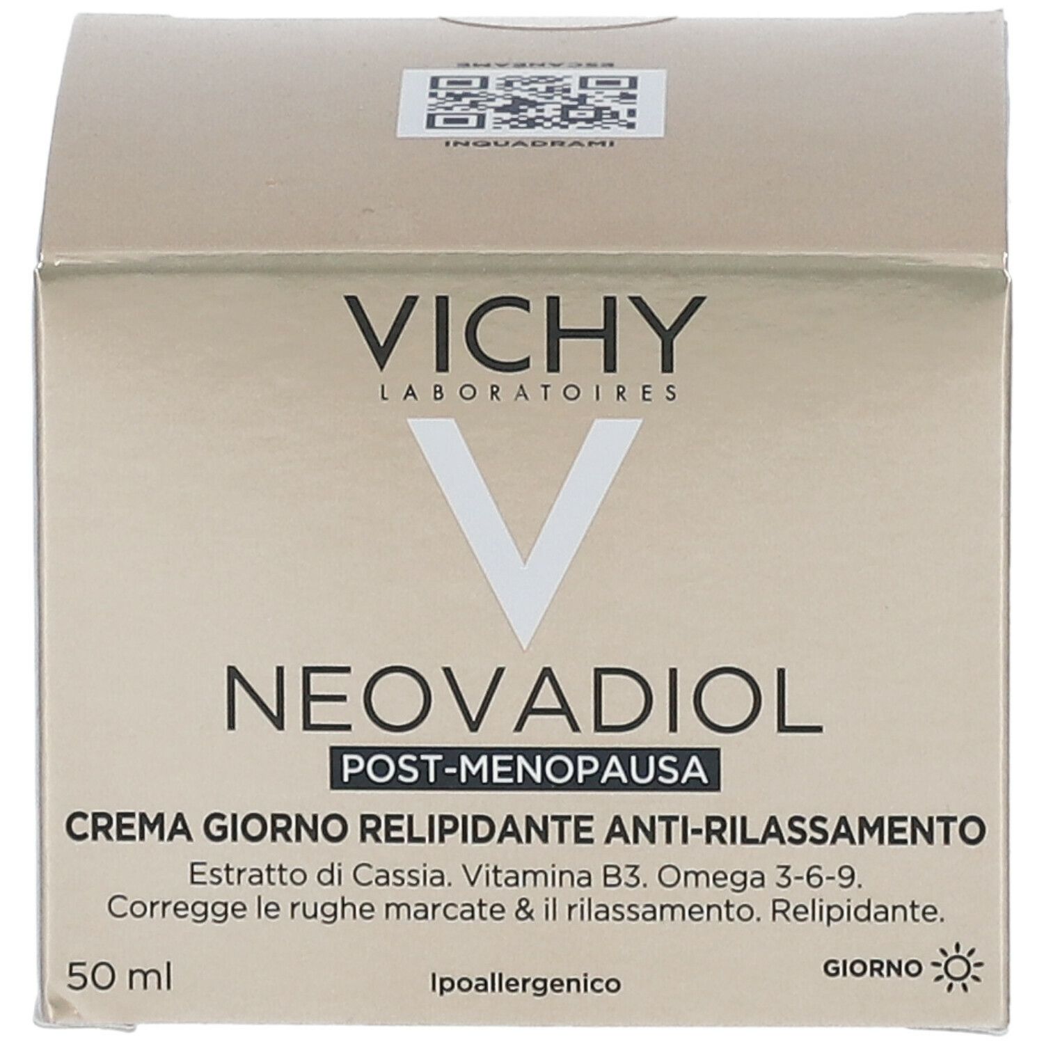 Scatola beige con Vichy Neovadiol. Testo: Crema Giorno Relipidante Anti-Rilassamento. 50 ml.