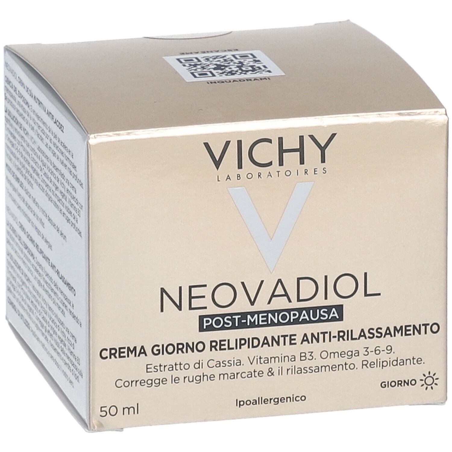 Scatola beige con Vichy Neovadiol. Testo: Crema Giorno Relipidante Anti-Rilassamento. 50 ml.