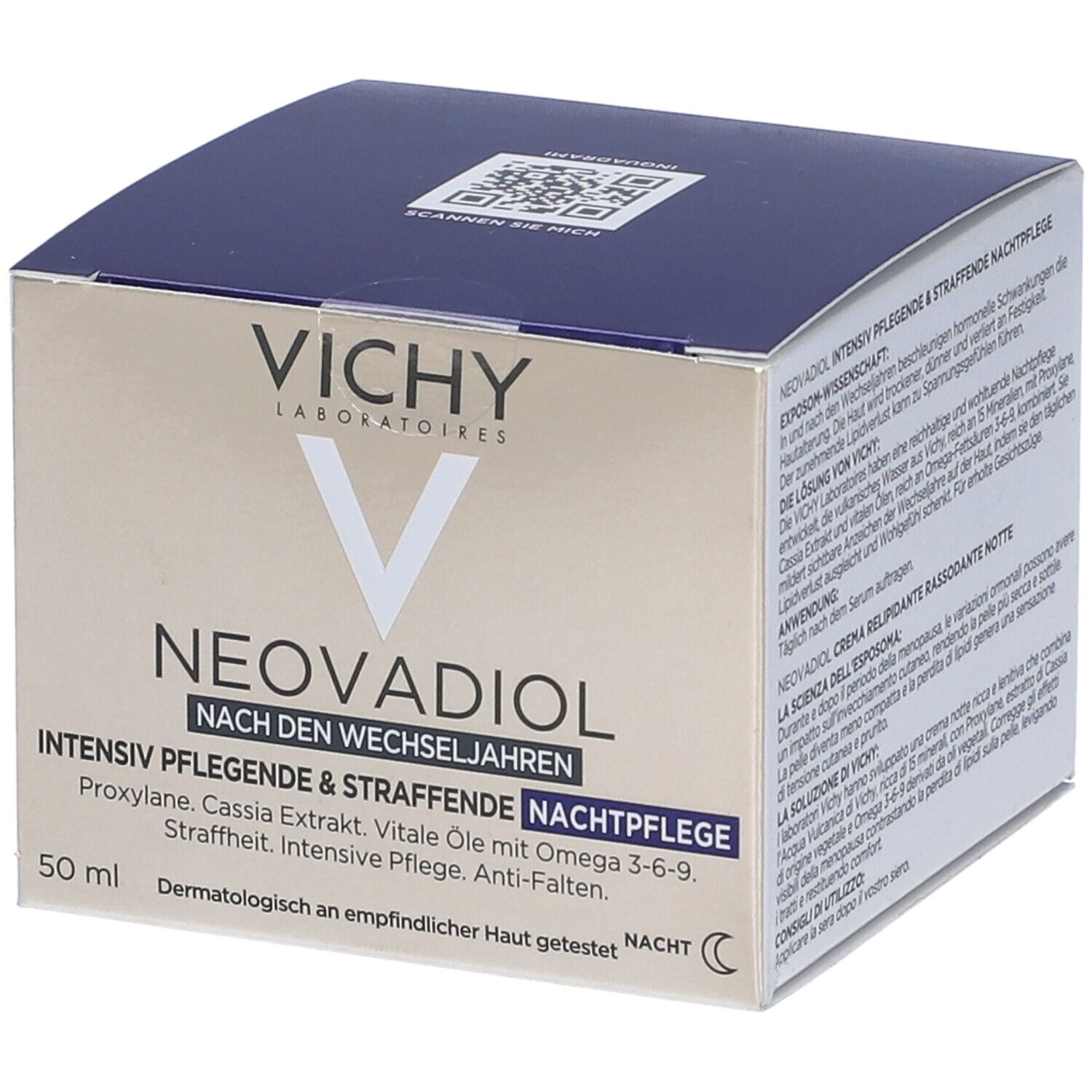 Scatola con scritta: Vichy, Neovadiol, Dopo la menopausa, Trattamento notte intensivo e rassodante. 50 ml. Codice QR.