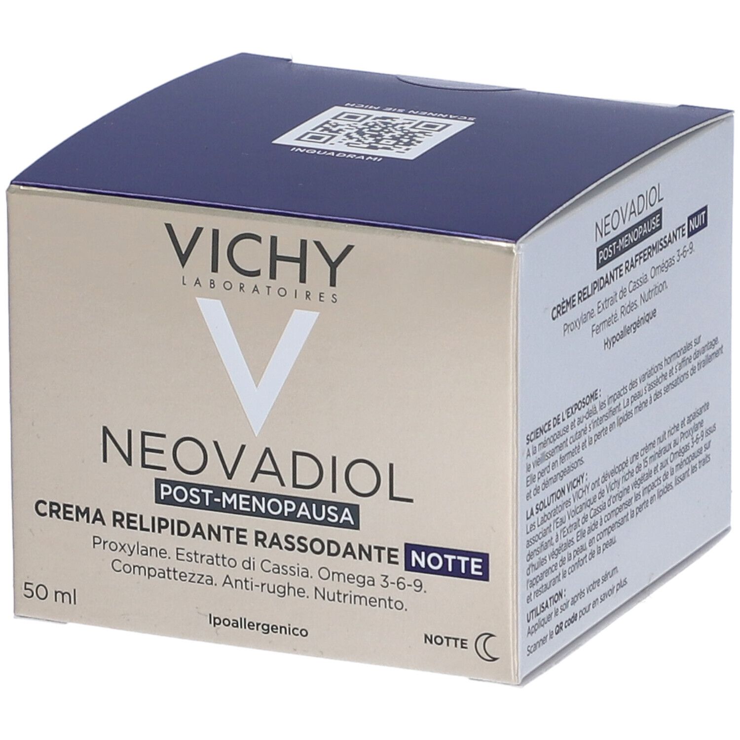 Scatola con scritta: Vichy, Neovadiol, Post-Menopausa, Crema Relipidante Rassodante Notte. 50 ml. Ipoallergenico. Codice QR.