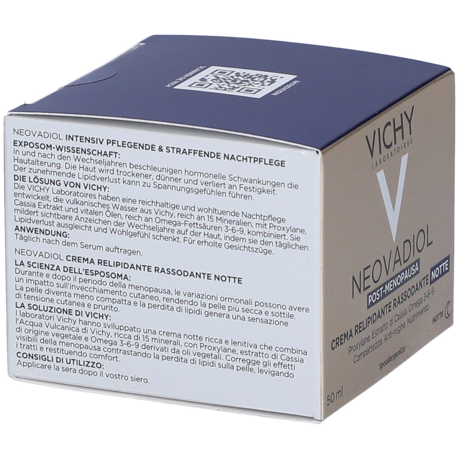 Scatola con scritta: Vichy, Neovadiol, Dopo la menopausa, Trattamento notte intensivo e rassodante. 50 ml. Codice QR.