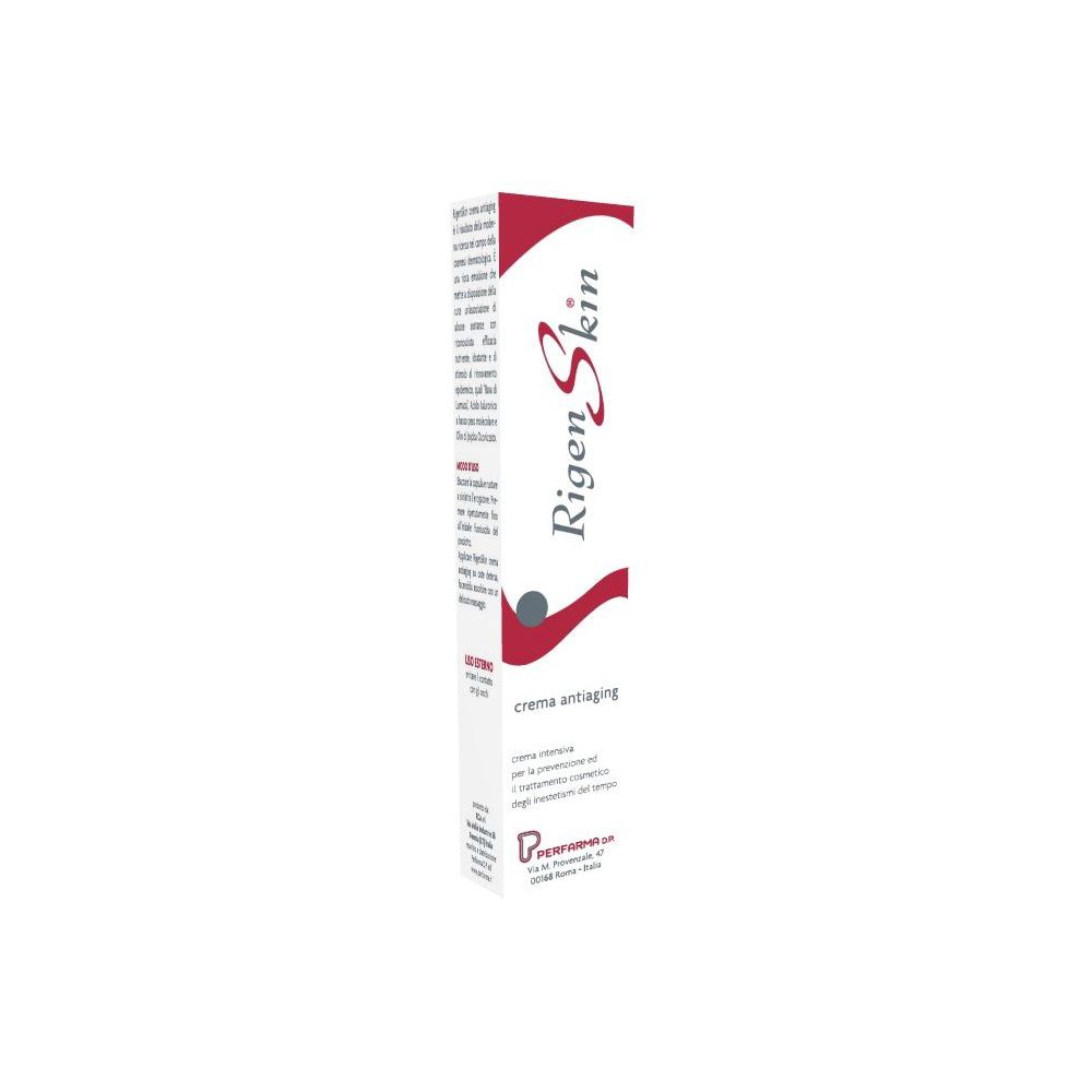 Confezione di Rigenskin Crema Antiaging. Bianca, rossa e grigia. Testo: Rigenskin, crema antiaging.