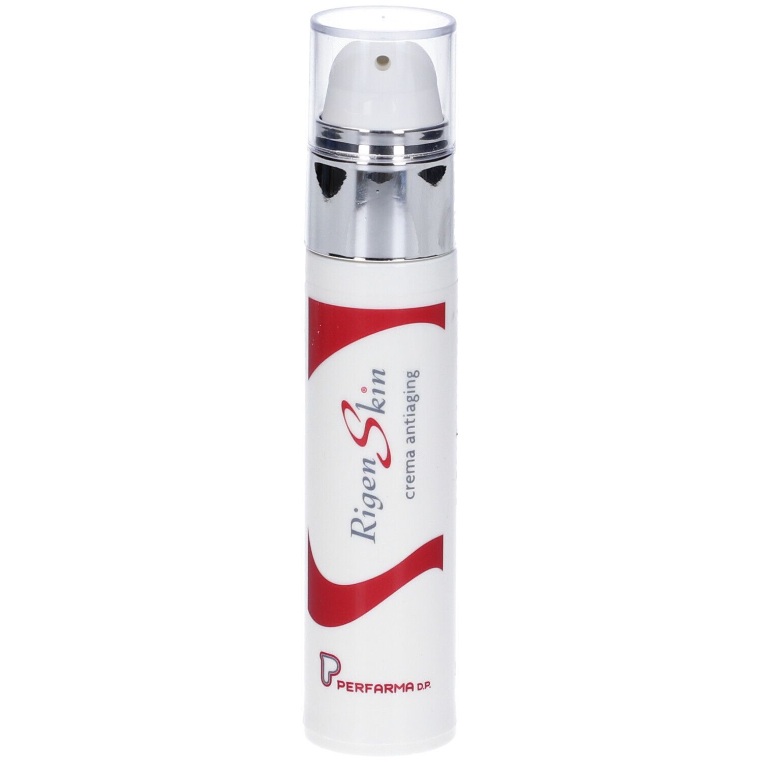 Flacone bianco con pompa argentata. Striscia rossa con testo: Rigenskin crema antiaging. Tappo trasparente.