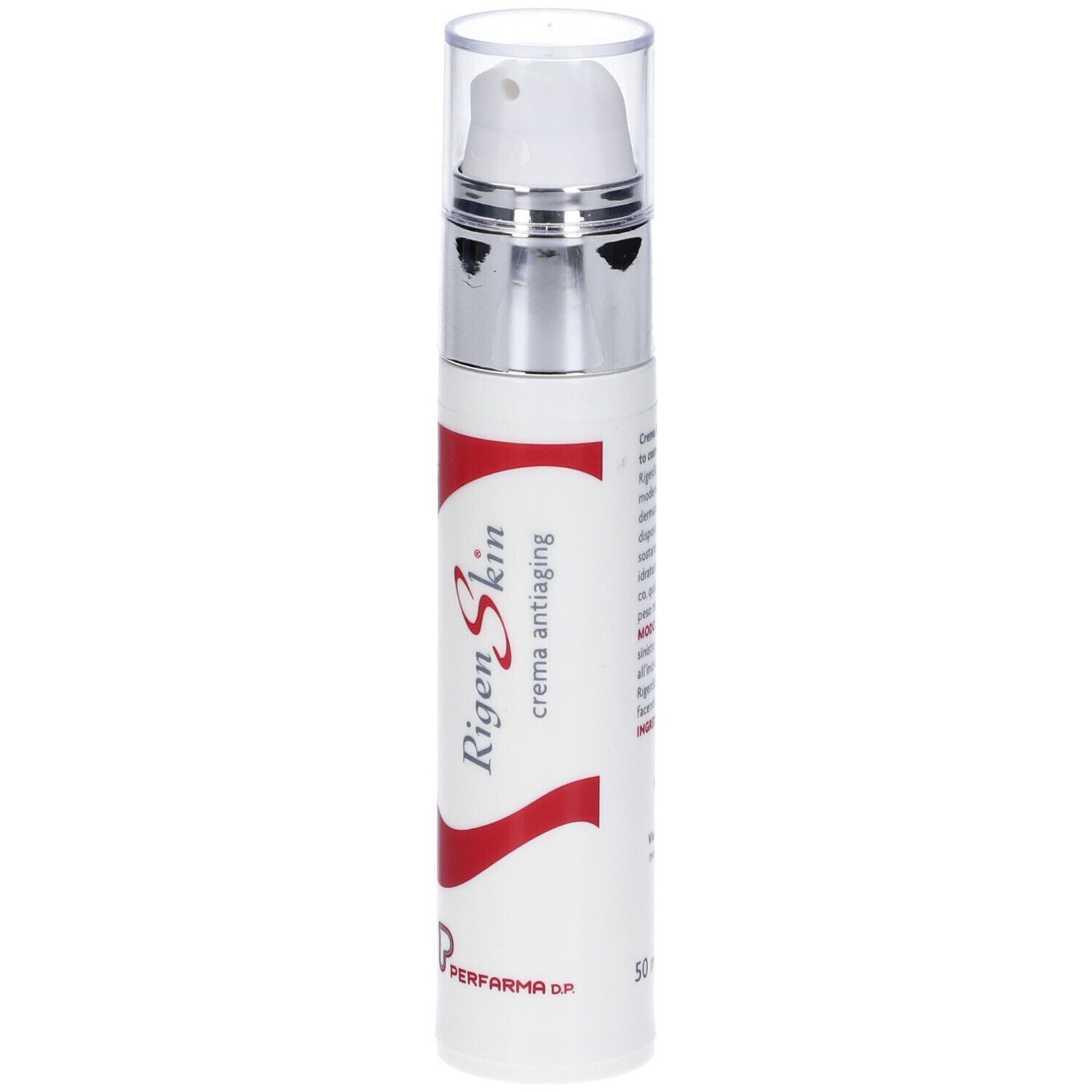 Flacone bianco con pompa argentata. Striscia rossa con testo: Rigenskin crema antiaging. Tappo trasparente.