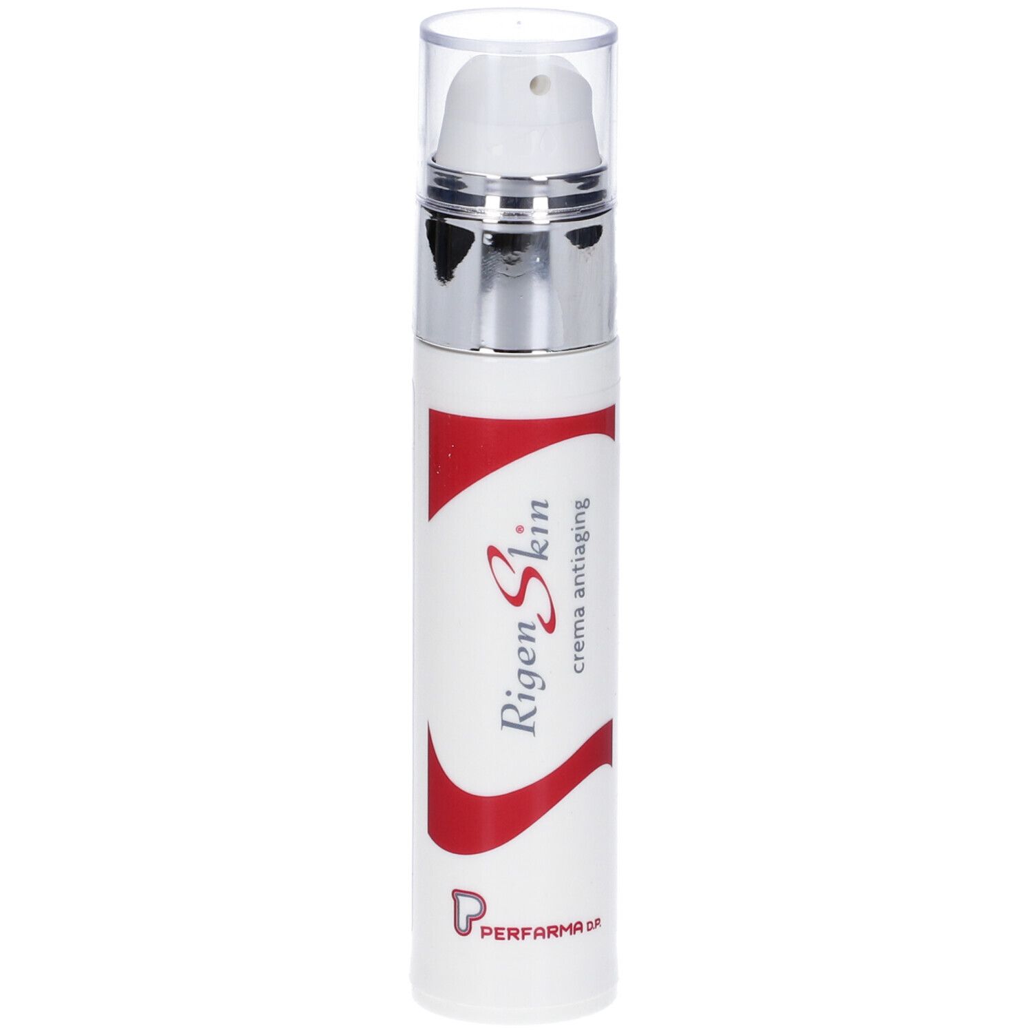 Flacone bianco con pompa argentata. Striscia rossa con testo: Rigenskin crema antiaging. Tappo trasparente.