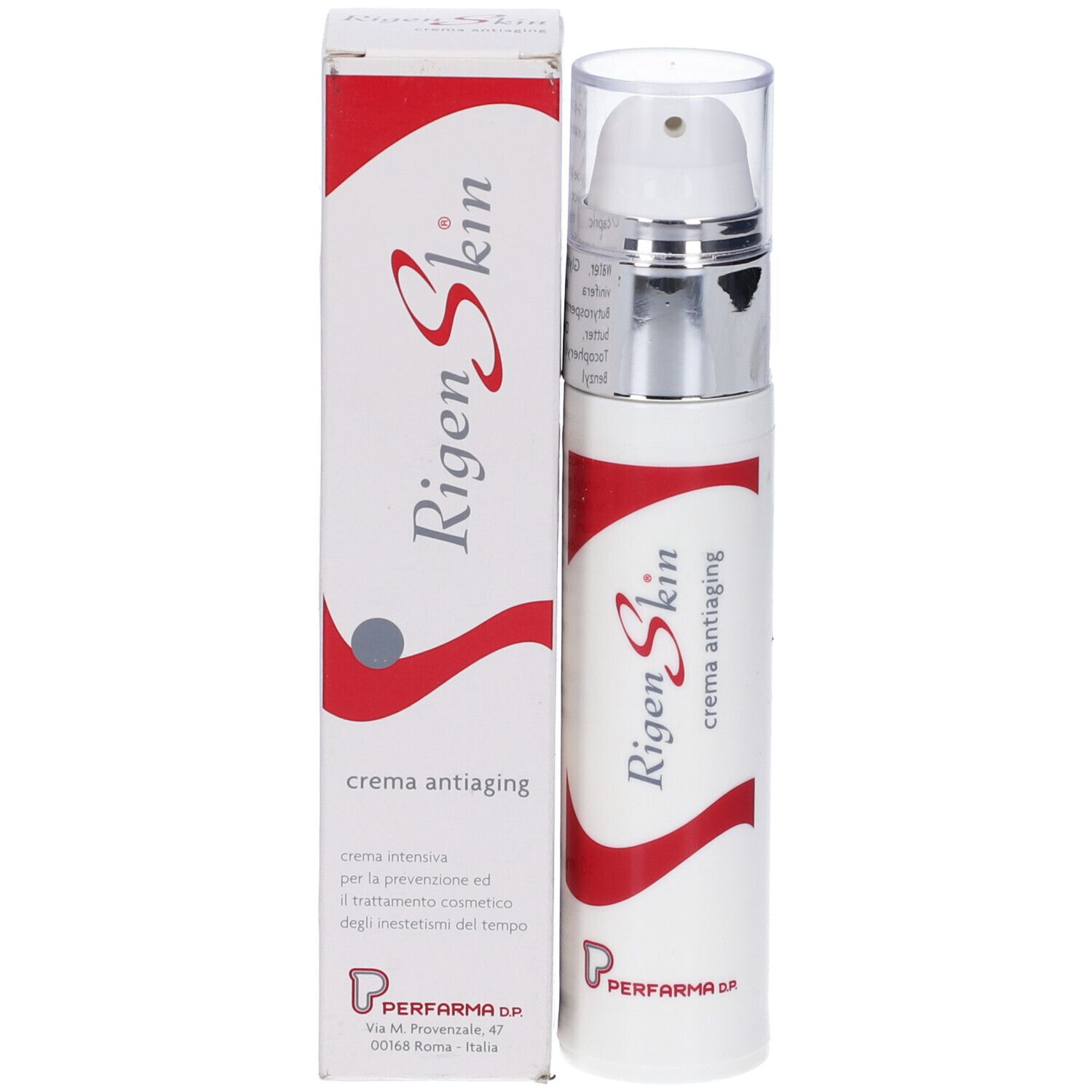 Confezione e flacone. Flacone: bianco, pompa argentata, striscia rossa, testo. Confezione: bianca, rossa, testo.