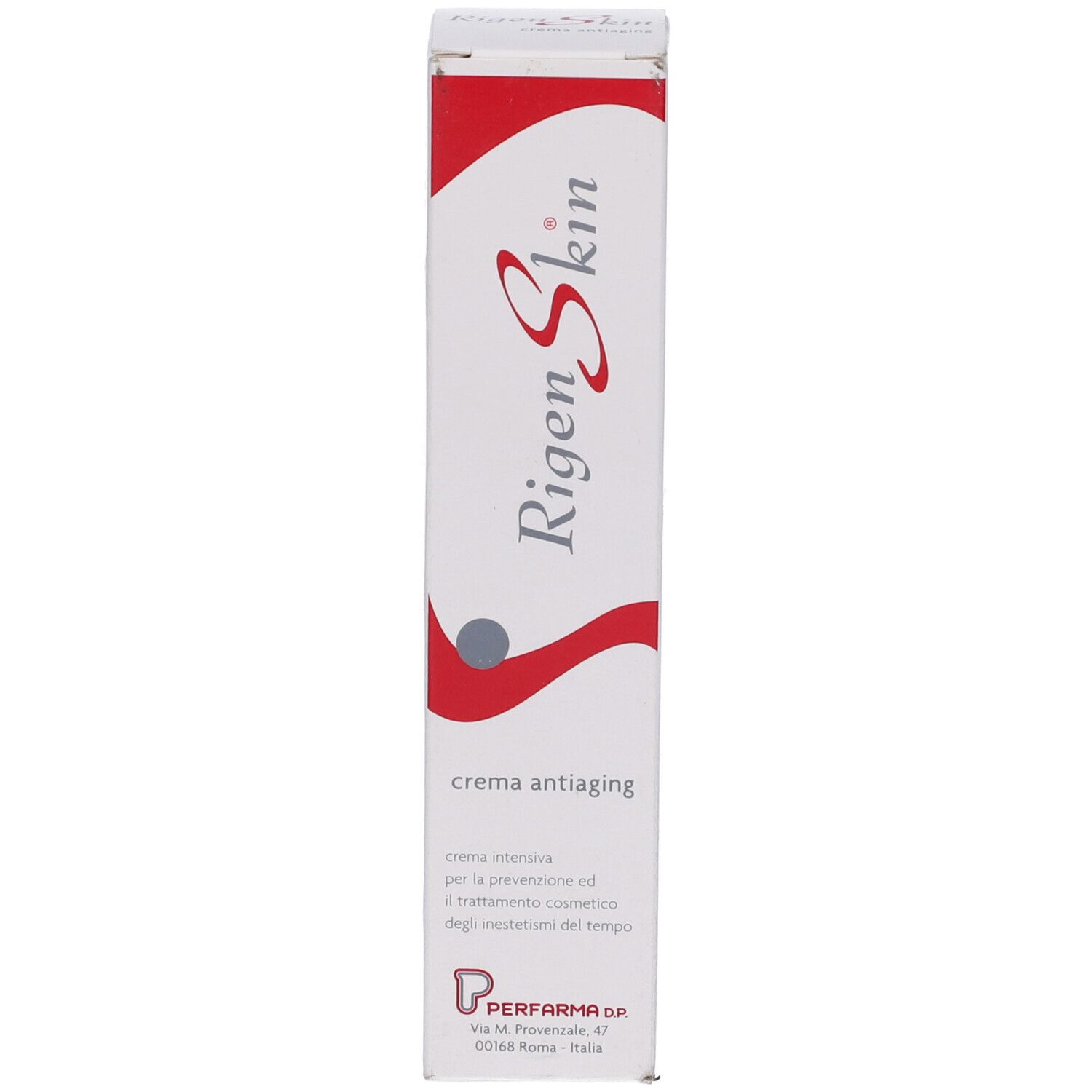 Confezione del prodotto. Bianca, rossa e grigia. Testo: Rigenskin, crema antiaging. Logo.