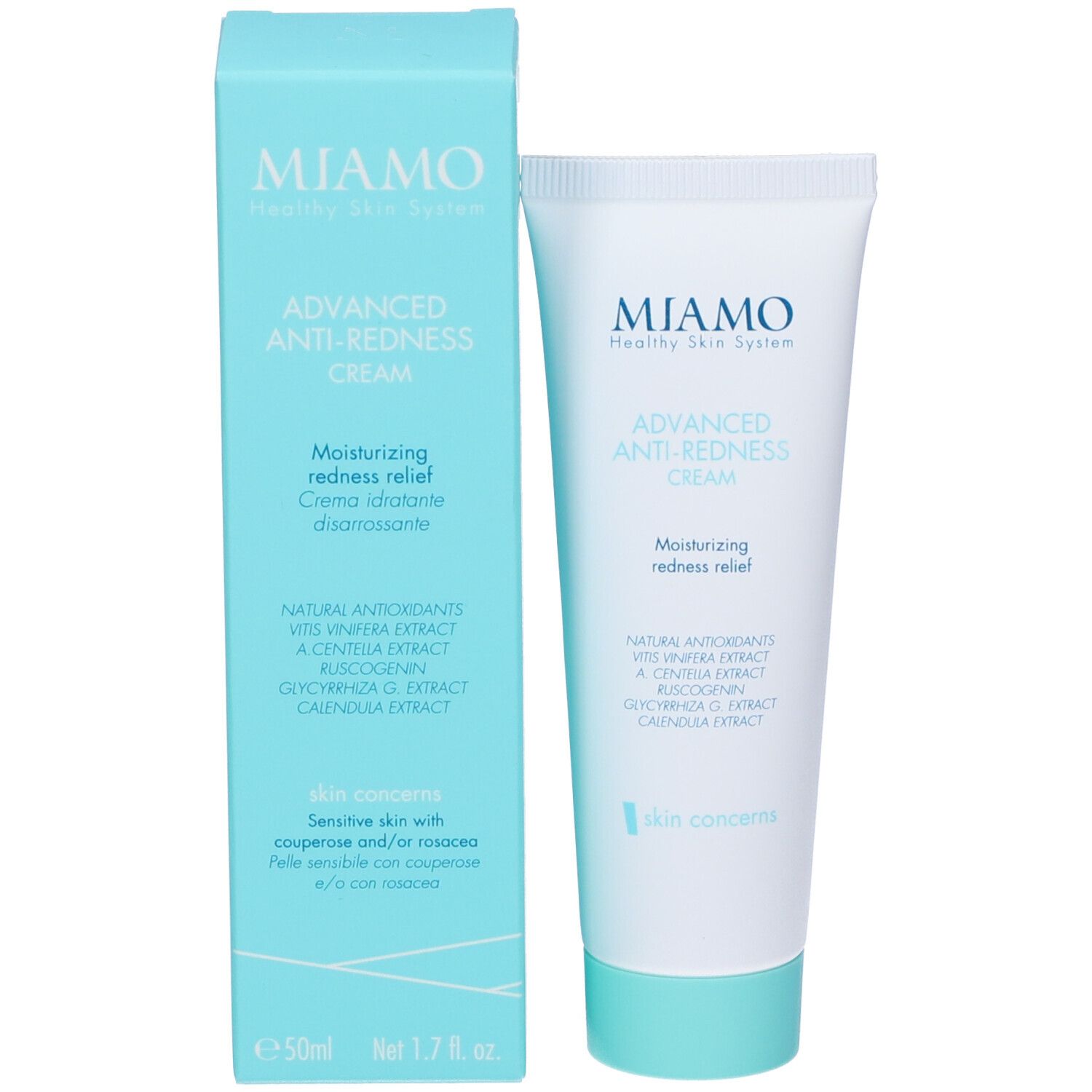 Confezione del prodotto: tubo e scatola. Scritta: MIAMO, Advanced Anti-Redness Cream. Scatola: blu, tubo: bianco con tappo blu.