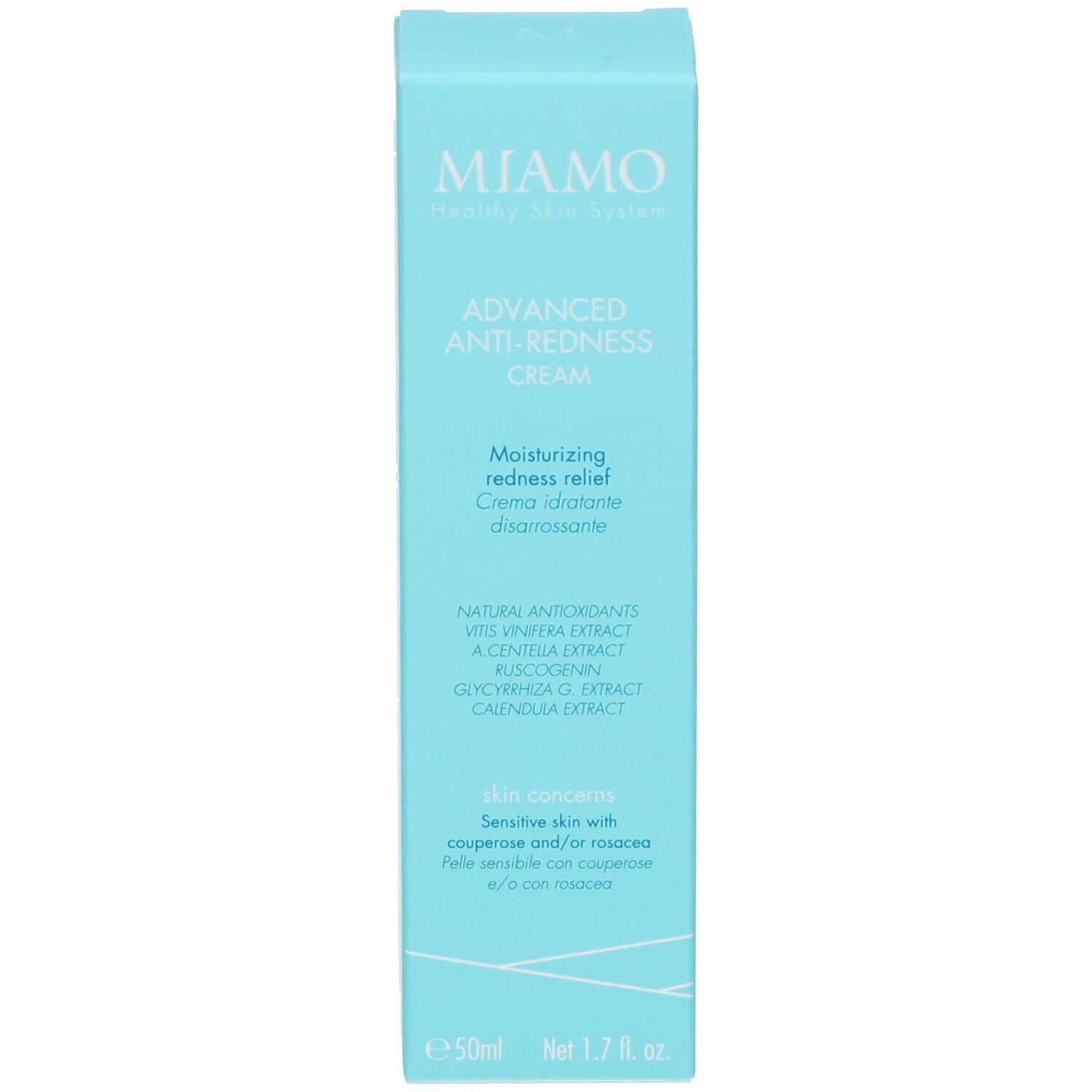 Scatola blu. Scritta: MIAMO, Advanced Anti-Redness Cream. Contiene informazioni sul prodotto e ingredienti. Net 1.7 fl. oz.