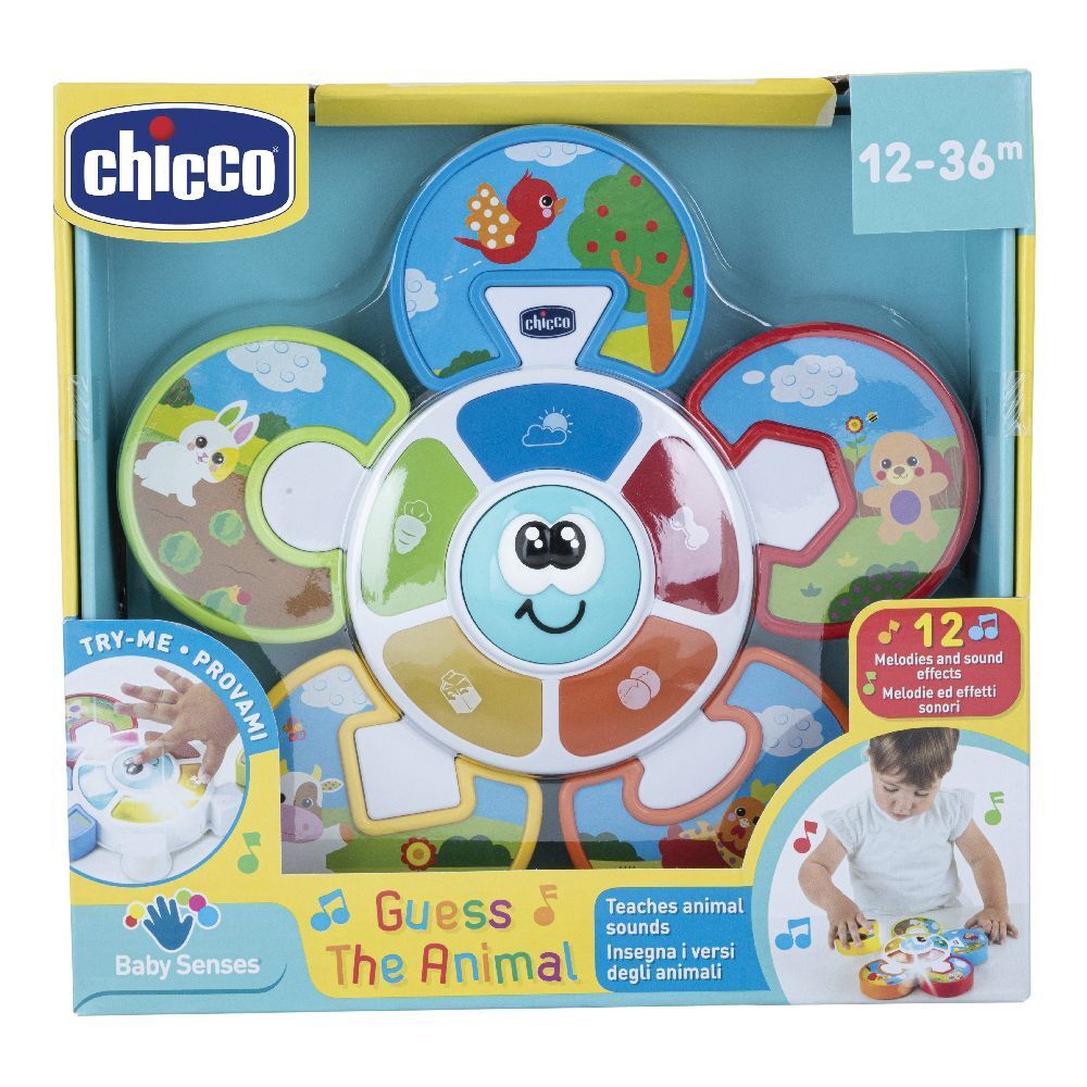 Gioco Chicco. Giocattolo rotondo e colorato con immagini di animali e suoni. Confezione con nome del prodotto e raccomandazione di età 12-36 mesi.