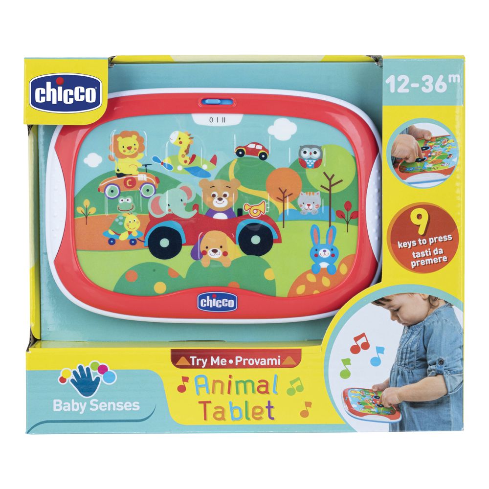 Chicco Animal Tablet. Tablet rosso con animali e 9 tasti. Confezione con indicazione età 12-36 mesi. Marchio Chicco.