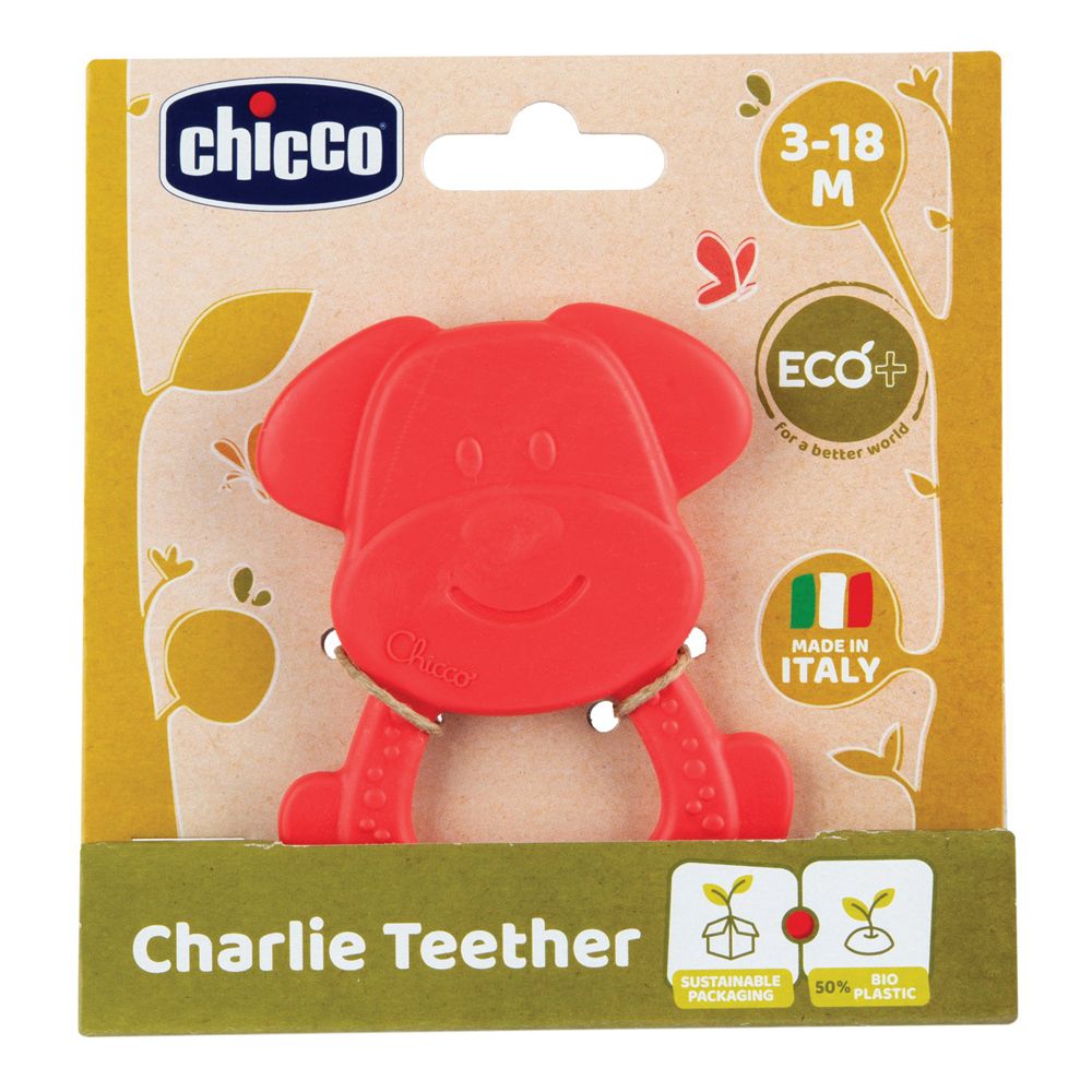 Massaggiagengive rosso a forma di cane. Confezione con logo "chicco", età consigliata 3-18 mesi, "Made in Italy" e "Charlie Teether".