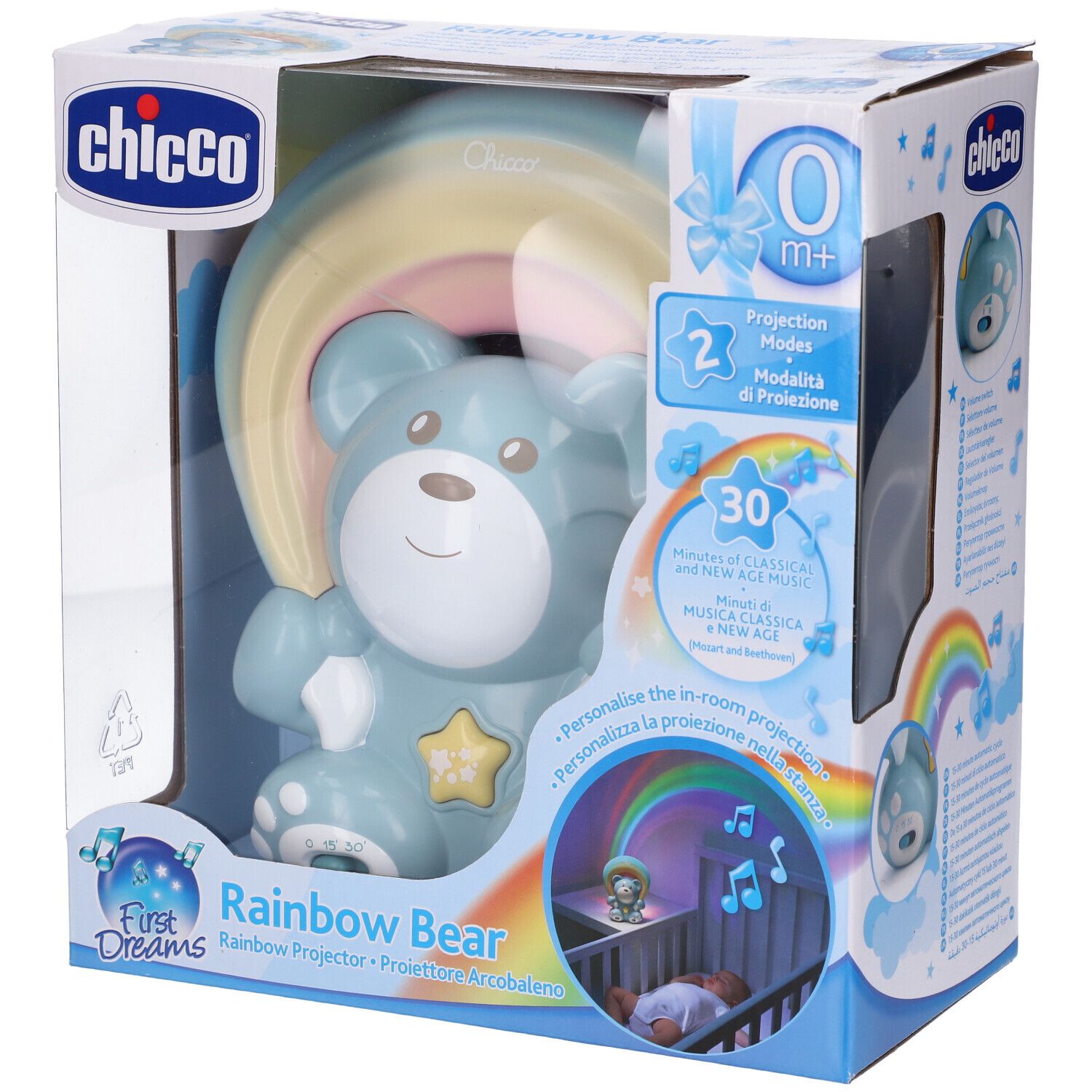 Orsetto blu con proiettore arcobaleno in confezione. Marchio Chicco, modello Rainbow Bear. Include 2 modalità di proiezione e 30 musiche.