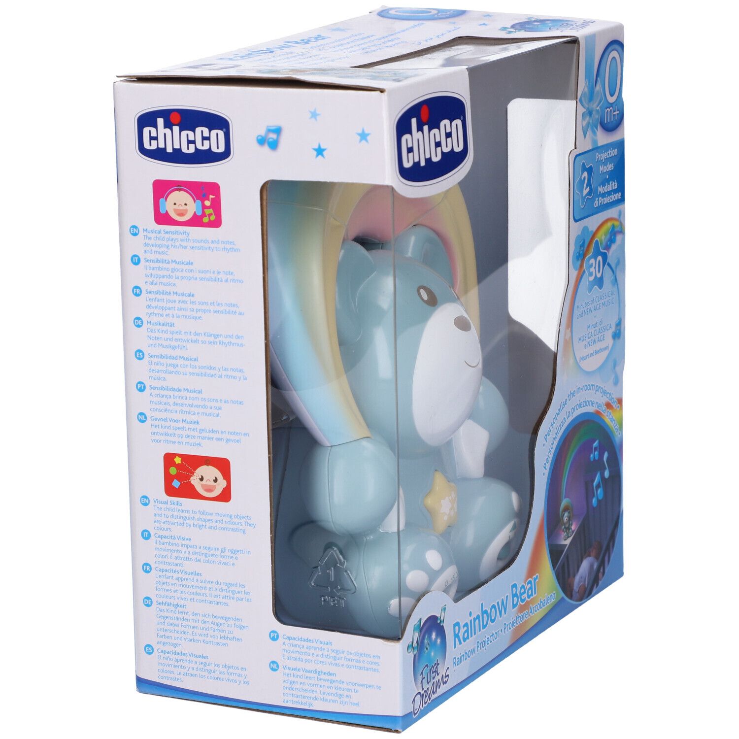 Orsetto blu con proiettore arcobaleno in confezione. Marchio Chicco, modello Rainbow Bear. Include 2 modalità di proiezione e 30 musiche.