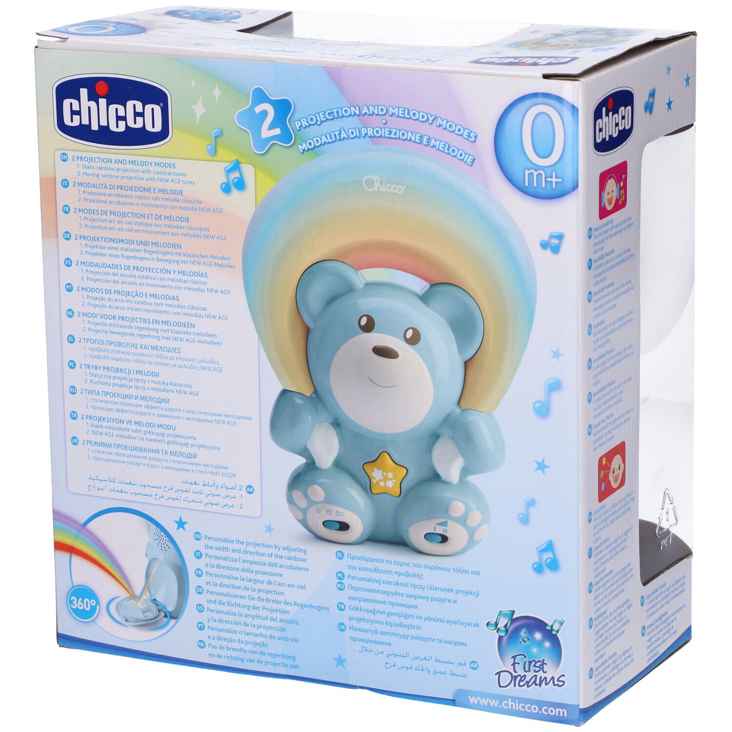 Retro della confezione. Orsetto blu con proiettore arcobaleno. Marchio Chicco, modello Rainbow Bear. Include 2 modalità e 30 musiche.