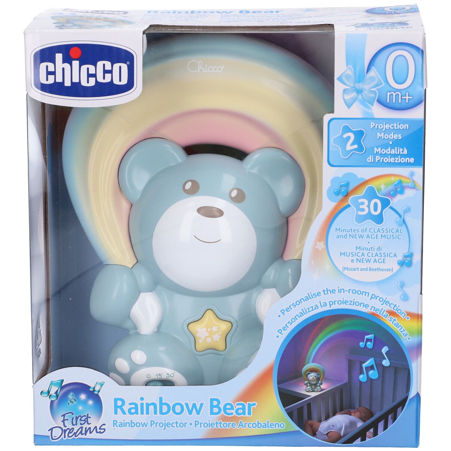 Orsetto blu con proiettore arcobaleno in confezione. Marchio Chicco, modello Rainbow Bear. Include 2 modalità di proiezione e 30 musiche.
